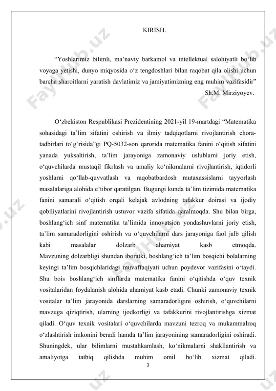 axs sifatida tarbiyalashga xizmat qiladi. kurs ishining maqsadi: boshlang‘ich sinf matematika darslarida o‘quv texnik vositalaridan foydalanish imkoniyatlarini ochib berish, ularning samaradorligini asoslash va amaliyotga tadbiq qilish bo‘yicha ilmiy-metodik tavsiyalar ishlab chiqishdan iborat. kurs ishining vazifalari: 1. o‘quv texnik vositalarining mazmuni va turlari haqida ma’lumot berish. 2. boshlang‘ich sinf matematika darslarida o‘quv texnik vositalardan foydalanishning pedagogik-psixologik asoslarini o‘rganish. 3. o‘quv texnik vositalarining ta’lim jarayonidagi ahamiyati va samaradorligini tahlil qilish. 4. boshlang‘ich sinf matematika darslarida o‘quv texnik vositalaridan foydalanish metodikasini ishlab chiqish. 5. o‘quv texnik vositalardan foydalanish bo‘yicha tajribaviy ishlar tashkil etish va ularning natijalarini tahlil qilish. kurs ishining ahamiyati shundan iboratki, unda ilgari surilgan nazariy va amaliy xulosalar boshlang‘ich ta’lim tizimida matematika fanini samarali o‘qitishga xizmat qiladi. tadqiqot natijalari asosida o‘qituvchilar uchun metodik qo‘llanmalar tayyorlash, ilg‘or tajribalarni ommalashtirish va ta’lim samaradorligini oshirish mumkin. kurs ishining tuzilishi: ushbu kurs ishi kirish, 2 bob, 4 bo‘lim, xulosa va foydalanilgan adabiyotlar ro‘yxatidan iborat. i …