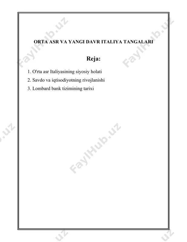 asalan, 1183 yilda konstanta sulhi orqali milan, pavia, parma, venetsiyaliklar, genuyaliklar gʻarbiy rim imperatori tomonidan rasmiy tan olinadi. janubiy italiyada esa normanlar davlati, keyinchalik sitsiliya qirolligi tashkil topgan. 1130 yilda norman sarkardasi rojer ii siciliya qirolligini tashkil etdi. bu davrda siciliya qirolligi italiyadagi eng qudratli davlatlardan biri boʻlib qoldi. 13-asrda italiyada germal imperatorlar va papalar oʻrtasidagi kurash kuchaygan. bu kurash gibelinningo‘ qaldirilgan; gvelflar va gibelinninglar o‘rtasidagi ixtilof. gvelflar papani qo'llab-quvvatlaganlar, gibelinninglar esa imperatorni qo'llab quvvatlaganlar. florensiya – medici oilasi boshqaruvida edi. magna kartani imzolash yilida medici oilasi florensiyaning iqtisodiy va madaniy yuksalishiga ulkan yordam ko'rsatdi. o'sha paytda florensiya europaning moliyaviy va savdo shaharlaridan biriga aylandi. venetsiya – dengiz qudrati sifatida o'zining mustaqilligini saqlab qoldi va 13-asrning oxiriga kelib, boson mintaqalaridagi savdo ustunligini mustahkamladi. bu davrda turli urushlar va diplomatik aloqalar orqali o'z mavqeini mustahkamladi. xulosa qilib aytganda, oʻrta asr italiyasi juda koʻp siyosiy oʻzgarishlarga boy boʻlib, u koʻp sonli shaharlik …