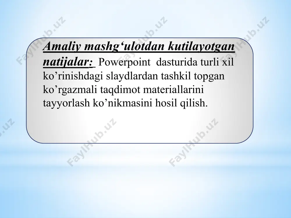 effektda ob’ekt o‘lchami kattalashishi yoki kichklashishi, rangi o‘zgarishi yoki ob’ekt o‘z markazi doirasida aylanishi mumkin. ko‘chish yo‘li. bu effektdan ob’ektni tepaga, pastga, chapga yoki o‘ngga ko‘chirishda, yoki doira va yulduz ko‘rinishidagi traektoriya bo‘yicha harakatlantirishda foydalanish mumkin istalgan effektni alohida yokm boshqa effektlar bilan birgalikda ishlatish mumkin. masalan, kirishdagi “uchish” effekti va ajralishdagi “o‘lcham o‘zgarishi” ni qo‘shib, matn satrini ekranga chap tomondan kirib kelishi bilan birgalikda o‘lchamining kattalishishiga ham erishishimiz mumkin. slaydning titul varag`ini tashkil qilamiz. buning uchun заголовок слайда oynasiga «windows tizimi muhitida matnli axborotlarni yaratish va tahrirlash.word dasturi» jumlasini kiritamiz. sarlavha uchun shrift o’lchamini 40, uning rangini esa qizil rang deb belgilaymiz. средство рисования – формат menyusining стили wordart bo’limidan анимация buyrug`ini tanlab, kerakli отражения o’rnatamiz. подзаголовок слайда oynasiga «taqdimot» jumlasini kiritamiz. qism (подзаголовок) sarlavha uchun shrift o’lchamini 44, uning rangini esa yashil rang deb belgilaymiz. kichiq sarlavha uchun osmon soyasini o’rnatamiz. дизайн menyusining темы bo`limidan keraklini tanlaymiz. slayd …