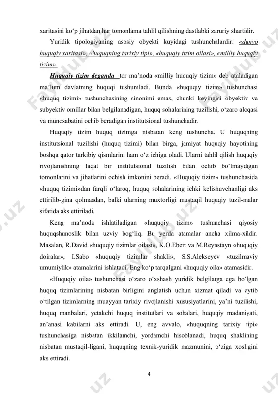 rining nisbatan birligini anglatish uchun xizmat qiladi va aytib o‘tilgan tizimlarning muayyan tarixiy rivojlanishi xususiyatlarini, ya’ni tuzilishi, huquq manbalari, yetakchi huquq institutlari va sohalari, huquqiy madaniyati, an’anasi kabilarni aks ettiradi. u, eng avvalo, «huquqning tarixiy tipi» tushunchasiga nisbatan ikkilamchi, yordamchi hisoblanadi, huquq shaklining nisbatan mustaqil-ligani, huquqning texnik-yuridik mazmunini, o‘ziga xosligini aks ettiradi. huquq oilasi deganda, bir huquq chegarasida tarixiy shaklla-nishining o‘xshashligi asosida birlashgan milliy huquq, tizimlarining ozmi yoki ko‘pmi keng majmui, huquq manbalari tuzilishi, yetakchi huquq sohalari va huquqiy institutlari, huquqni qo‘llash, yuridik fanning umumiy jihatlari tushuniladi. «huquqiy tizim» tushunchasi keng ma’noda «huquqning tarixiy tipi» tushunchasiga o‘xshash tushuncha sifatida qo‘llaniladi. bu tushunchalarning ikkinchisi bir ijtimoiy-iqtisodiy formatsiyadagi huquqiy tizimlarning mohiyatan tavsifini umumlashganligicha qamrab oladi va eng muhimi, shu tizimlarga ham xosligini ifodalaydi. biroq «huquqning tarixiy tipi» tushunchasi hozirgi zamon huquqiy tizimlarining barcha ko‘rinishlarini qamrab ololmaydi. huquqiy tizimlarning umumiy belgilari mos kelganda, ayniqsa, ular huquqning umumiy nazariyasi uchun muhim bo‘lgan o‘ziga xos …