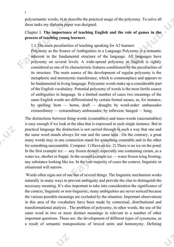 aching vocabulary it is then necessary to consider aspects like denotation, polysemy, connotation and sociocultural aspects when teaching a second or foreign language so that learners are able to get meaning from texts. the aim of research is to make an analysis of the main principles of word meaning and its problems in teaching english. the objective of this research is the investigation of polysemy in diachronic and synchronic dimensions. according to the objective there are following tasks: 1) to show historical background of the polysemy; 2) to describe semantic structure of polysemantic words; 3) to discover the impact of the context on the meaning of polysemantic words; 4) to describe the practical usage of the polysemy. to solve all these tasks my diploma paper was designed. chapter i. the importance of teaching english and the role of games in the process of teaching young learners. 1.1 the main peculiarities …