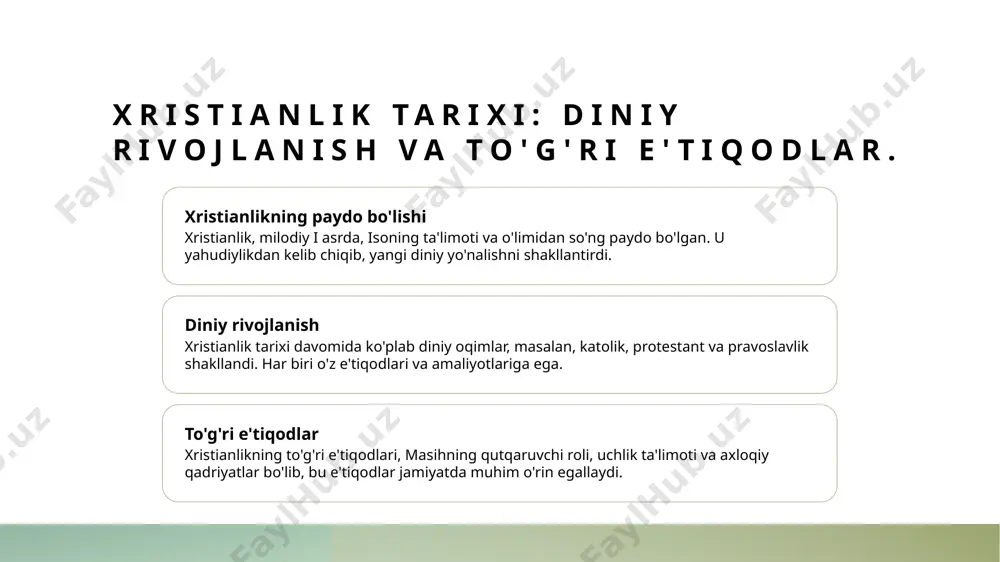 ianlik o'zbekistonda diniy va madaniy hayotda muhim rol o'ynaydi. bu din, o'zining tarixi bilan, jamiyatni birlashtiradi. foydalanilgan adabiyotlar 1. ismoilov, s. xristianlik tarixi: o'zbekiston kontekstida. toshkent, 2020. 2. yunusov, a. o'zbekistonda xristianlik va uning madaniy ta'siri. o'zbekiston milliy universiteti, 2021. 3. murodov, a. xristian e'tiqodlari va ularning rivoji. o'zbekiston fanlar akademiyasi, 2019. 4. sharipov, d. xristianlikning asosiy g'oyalari va tarixiy taraqqiyoti. o'zbekiston davlat san'at va madaniyat instituti, 2022. 5. rahmonov, b. xristianlik va uning o'zbekistondagi tarixi: o'rganish va tadqiqotlar. o'zbekiston respublikasi ma'naviyat vazirligi, 2023. e'tiboringiz uchun rahmat! /docprops/thumbnail.jpeg