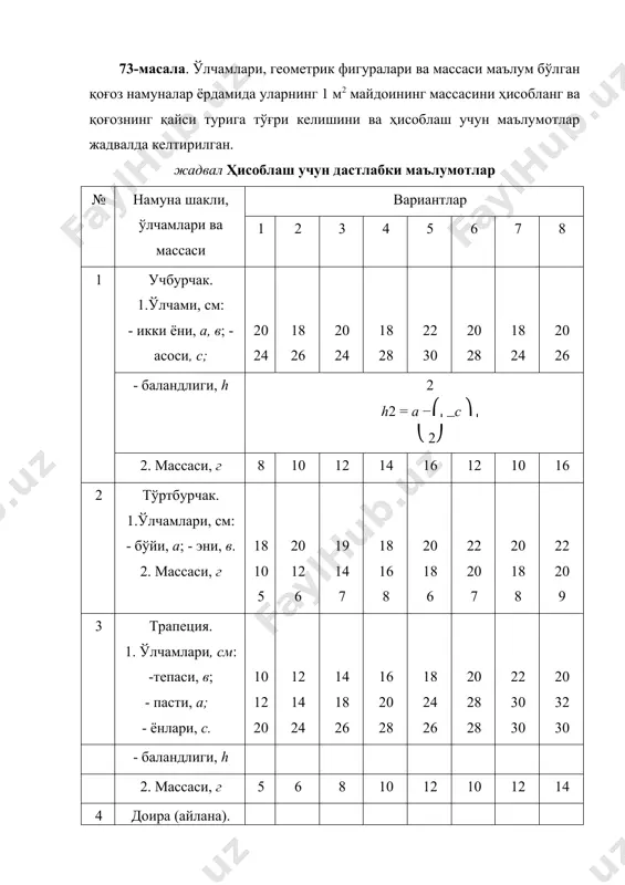 да келтирилган. 78-масала. одатда қоғоз кислотали муҳида олинади. шунинг учун унинг таркибидаги кислота қолдиғи қолади. униқлаш учун 12 грамм қоғоз намунасини 4х5 мм ўлчамларда қирқиб 100 мл дистилланган сувда экстракциялаб рн кўрсаткичи аниқланади. намуна таркибидаги кислота миқдорини, жадваллардаги маълумотлардан фойдаланиб, қуйидаги формула ёрдамида, ҳисобланг. бу ерда: g – 1 н га тўғри келган hcl нинг миқдори 36,45 г-экв/дм3 , naoh нинг миқдори 40 г-экв/дм3; с0э.о – 1 н hcl ва naoh миқдорига тўғри келган рн кўрсаткичи (98-жадвалга қаранг); схэ.о. – намунани экстракцияланган суюқлигини рн кўрсаткичи; vx – дистилланган сув миқдори, мл; m – қоғоз намуна массаси, г. жадвал ҳар хил нормалли hcl ва naoh эритмаларининг рн қиймати hcl эритмаси концентрацияси, н рн naoh эритмаси концентрацияси, н рн 1,0 0,1 сув 7 0,1 1,1 0,000001 8 0,01 2 0,00001 9 0,001 3 0,0001 10 0,0001 4 0,001 11 0,00001 5 0,01 12 0,000001 6 0,1 13 сув 7 1,0 14 жадвал …