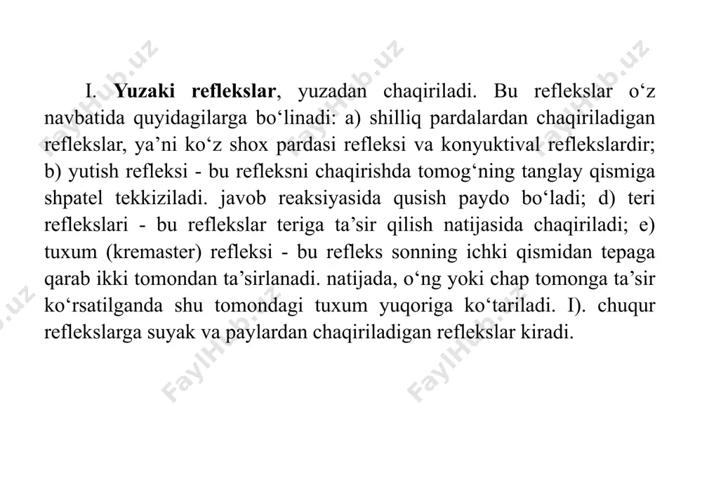 ing yashirin davri esa 0,5 sekundni tashkil etadi. bolaning yoshi ortishi bilan shartli refleks yashirin davrining davomiyligi kamayib boradi. ovqatlanish va boshqa faoliyatlarga harakat shartli refleksini hosil qilish. yangi tug’ilgan bolaning birinchi kunidan boshlab shartli va shartsiz ta’sirlovchilarning adekvatliligiga qarab, ovqatlanishga harakat shartli reflekslari hosil bo’la boshlaydi. bolaning bir kunligidayoq terini taktil sezgilariga ta’sir etib, shartli reflekslar hosil qilish mumkin. bola 10-14 kunligida qo’lda ovqatlanish holatida ushlab turilsa, bolada ovqatlanishga nisbatan reaksiya xosil buladi. u boshini buradi, ogzini ochadi, sung surish xarakatlarini bajaradi. bu refleks ona bolani emizish vakti bilan boglik shartli refleks bulib xisoblanadi. bolaning birinchi kunlaridayok tabiiy shartli reflekslar xosil bula boshlaydi. bolada 4 oyligidan boshlab ovkatlanishga salbiy shartli reflekslarni vujudga keltirish mumkin. uning 7-9 haftaligidan boshlab yorug’lik yoki tovushga nisbatan ovqatlanishga harakat shartli refleksini hosil qilish mumkin. bolada tug’ilgan vaqtdan boshlab shartsiz reflekslar hosil bo’la boshlaydi. chaqaloqning asab sistemasida qo’zg’alishning irradatsiyasi katta odamga nisbatan tez bo’ladi. bola …