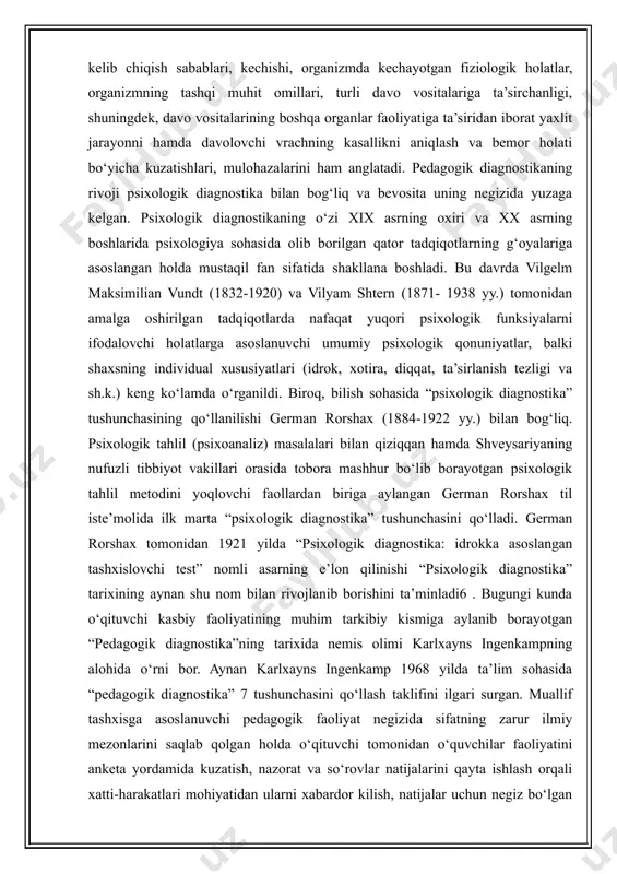 stika” tushunchasi turli sohalarda ham qo‘llanilla boshlandi. masalan, texnika sohasida (texnik diagnostika; mashina, mexanizm, uskuna, inshooat, qurilma, bjshqa texnik ob’ektlar)ning texnik holatini baholash metodlari va vositalarini o‘rganish), iqtisodiy sohada (iqtisodiy diagnostika; iqtisodiy munosabatlar, o‘zgarishlar mohiyatini tahlil qilish asosida ishlab chiqarish, xizmat ko‘rsatish, mahsulotlarni yetkazib berish va sotish, sohalarni malakali mutaxassislar bilan ta’minlash, ularni boshqarishda ro‘y berishi kutilayotgan muammolar, ularning tavsifi, belgilarini o‘rganish), psixologiya sohasida (psixologik diagnostika; qobiliyati, qiziqishlari, mayllari, ichki imkoniyatlarini namoyon qilishi va bevosita ulardan foydalana olishni o‘rganishi to‘g‘risidagi ma’lumotlarga tayangan holda shaxsni tadqiq qilish). ii. “pedagogik diagnostika” tushunchasining mohiyati. so‘nggi yillarda ta’lim va tarbiya amaliyotida pedagogik jarayon, holat, hodisalarni tashxislashga alohida e’tibor qaratilmoqda. binobarin, tashxislash pedagogik jarayon, holat, hodisalarning mavjud holatidan kelib chiqqan holda istiqbol vazifalarni belgilash imkonini beradi. e’tiborli jihati so‘nggi o‘n yilliklarda “pedagogik diagnostika” tushunchasi ko‘plab tadqiqotchilarning e’tiborini o‘ziga tortmoqda. garchi mazkur tushuncha ular tomonidan shaklan turlicha talqin qilinayotgan bo‘lsa ham nazariy jihatdan umumiy mazmunga ega. …