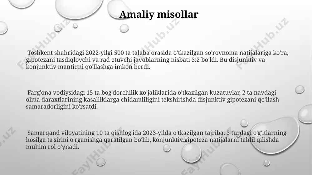 kuzatilgan. gipotezalarning tekshirilishi gipotezalarni tekshirishda 50 dan ortiq ishtirokchi bilan o'tkazilgan 2023-yilgi toshkentdagi tadqiqot, gipotezaning to'g'riligini 95% ishonchlilik darajasida tasdiqladi. samarqanddagi olimlar jamoasi tomonidan 3 ta turli usul yordamida tekshirilgan 2 ta farazdan biri, 0.01 ahamiyatlilik darajasida rad etildi. farg'ona vodiysida o'tkazilgan eksperimentda, 1000 ta kuzatish natijasida, ilgari ilgari surilgan 4 ta gipotezadan 2 tasi tasdiqlandi, 2 tasi esa qo'shimcha tadqiqotlarni talab qildi. gipotezalar va disjunksiya gipoteza tekshiruv jarayonida, masalan, 500 ta namunadan iborat toshkentdagi aholining sog'lig'i bo'yicha tadqiqotda, disjunktiv xulosa chiqarish ehtimoli yuqori bo'ladi. agar gipotezada 2 ta o'zgaruvchi o'rtasidagi bog'liqlikni aniqlash vazifasi qo'yilgan bo'lsa, masalan, samarqand viloyatida 10 yildagi iqlim o'zgarishi va hosil miqdorini o'rganishda, disjunksiya mantiqiy tahlil vositasidir. gipotezani tekshirishda olinadigan natijalar, masalan, 3 ta turli eksperiment natijalarini umumlashtirishda, disjunktiv yoki kon'yunktiv xulosalarga olib kelishi mumkin, bu esa natijalarning ishonchliligini oshirishga yordam beradi. konjunksiyaning xususiyatlari kon'yunksiyaning asosiy xususiyati uning kommutativligi hisoblanadi, ya'ni a va b gaplarining kon'yunksiyasi …