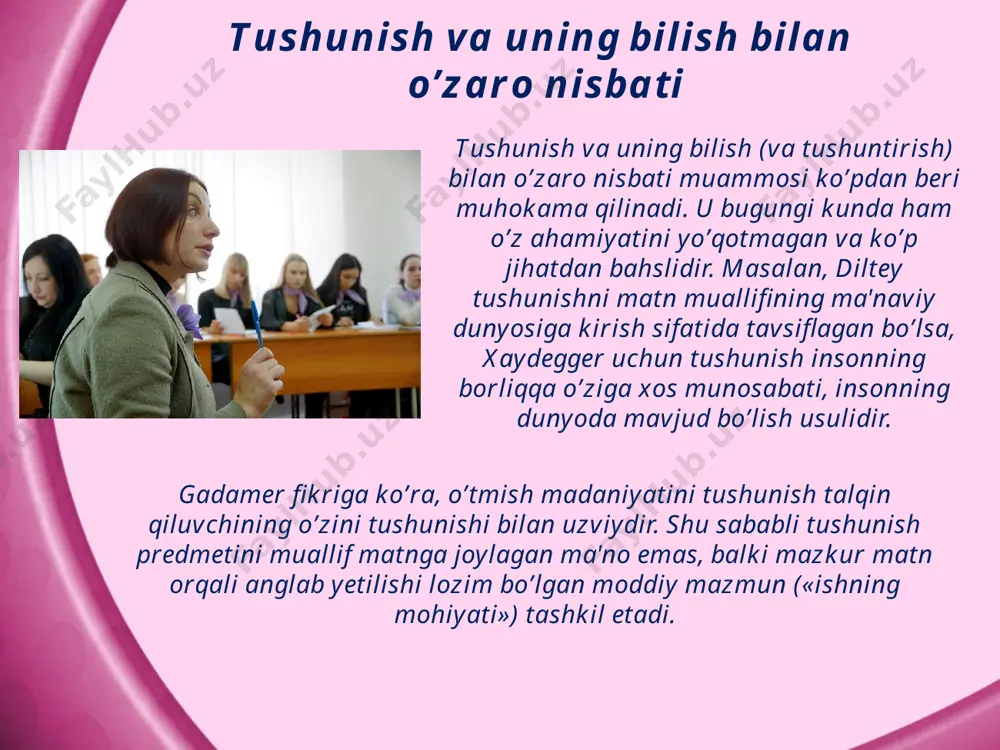 shning siklik xususiyatini aks ettiradi. mazkur tamoyil tushunish va tushuntirishni bog’laydi: nimanidir tushunish uchun uni tushuntirish kerak va aksincha. mazkur o’zaro aloqa butun bilan qismning doirasi sifatida ifoda etiladi: butunni tushunish uchun uning alohida qismlarini tushunish kerak, alohida qismlarni tushunish uchun esa butunning ma’nosi haqida tasavvurga ega bo’lish lozim. masalan, so’z – gapning qismi, gap – matnning qismi, matn – madaniyat unsuri va x.k. 2. germenevtik doira – «olmaxon g’ildiragi» emas, zero, unda tafakkur qismlardan avvalgi butunga emas, balki o’z qismlarining bilimi bilan boyigan butunga, ya'ni boshqa butunga qaytadi. germenevtik doira dialektik xususiyatga ega: unda to’liq va chuqur tushunishdan yanada to’liqroq va chuqurroq tushunishga tomon harakat sodir bo’ladi, mazkur harakat jarayonida tushunishning yanada keng ufqlari namoyon bo’ladi. shunday qilib, tushunish - muayyan hodisaning ma’nosini, uning dunyodagi o’rnini, yaxlit bir butun tizimdagi funksiyalarini tushunib yetish demak. u borliqning ma’nolarini teran anglab yetishga ko’maklashadi. ma'no. tushunish inson faoliyatining ma'nolarini tushunish va ma'no …