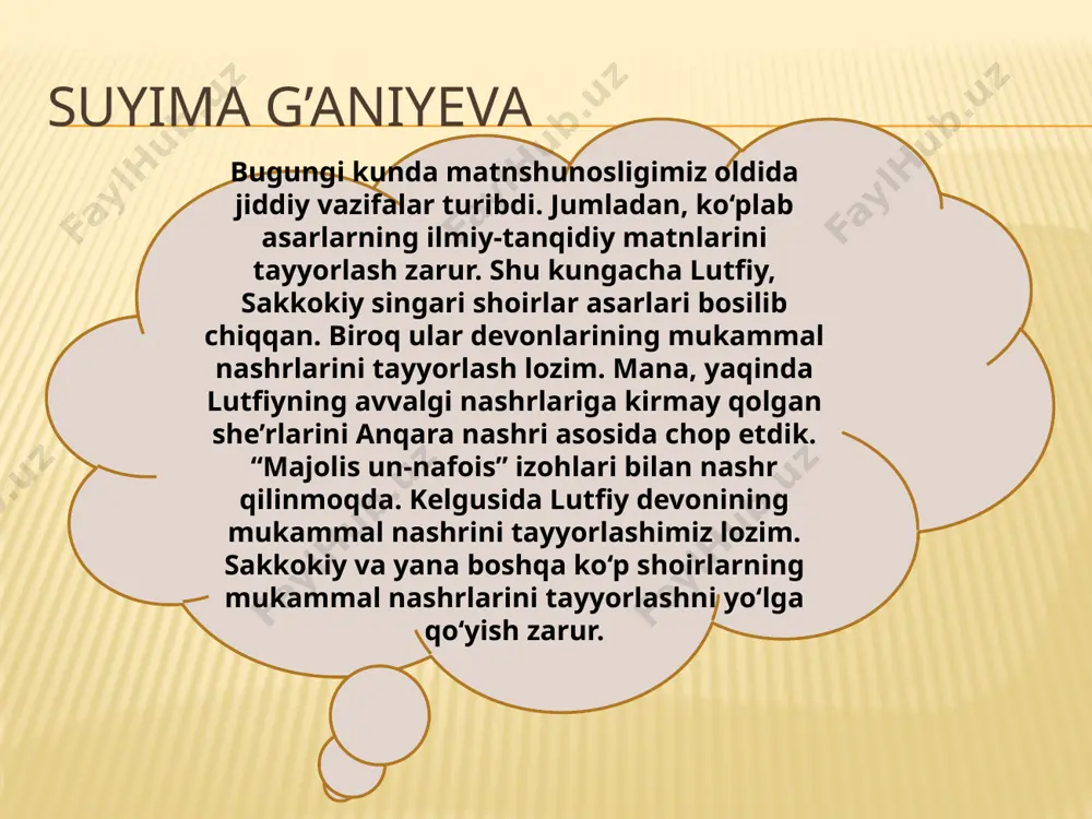ilmiy unvonlar berish amaliyotini keng joriy etish zarur. agar alisher navoiy nomidagi til va adabiyot institutida matnshunoslik va manbashunoslik bo‘limi tashkil etilsa, u ana shunday markaz vazifasini bajargan bo‘lur edi. ilmiy- tanqidiy matn eski arab yozuvida tuziladi. bu yozuvda esa bitta so‘zni turlicha o‘qish mumkin. oqibatda joriy yozuvdagi nashrlarda xatolar, xilma-xilliklar kelib chiqadi. mumtoz adabiyotimiz asarlari nashrlarida uchraydigan xatolarning eng katta qismi aynan shu omil bilan, ya’ni arab yozuvidagi so‘zlarni noto‘g‘ri o‘qish bilan bog‘liqdir. bundan kelib chiqadigan xulosa shuki, o‘zbek mumtoz adabiyoti asarlarining ilmiy-tanqidiy matnlarini yaratishda asliyat yozuvidagi asosiy matn bilan paralell ravishda joriy yozuvdagi matnning ham tuzilishi shart qilib qo‘yilishi lozim. ana shu tarzda tuzilgan tanqidiy matngina hozirgi barcha nashrlar uchun asos bo‘lib xizmat qila oladi. nusratullo jumaxo’ja: mumtoz adabiy-tarixiy matnlarni nashrga tayyorlash jarayonida qoidalashtirilishi zarur bo‘lgan hodisa-holatlar haddu hisobsiz. tarixiy shaxslar va so‘zlarni turli shakllarda yozish, forsiy-arabiy izofa, izofa zanjirlarini to‘g‘ri qo‘llay olmaslik, o‘ndan ortiq forsiy “yo”larning qo‘llanish …