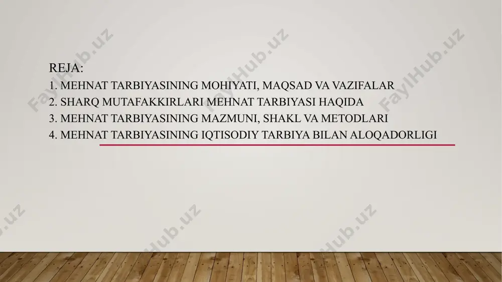 liy, ma’naviy-axloqiy, jismoniy va estetik tarbiyasi bilan o’zaro bag’liq holda yaxlit tizimda amalga oshiriladi. chunonchi: aqliy tarbiya o’quvchilar mehnat tarbiyasi, ularni kasbga tayyorlashning asosi sanaladi. zero, mehnat- nazariy va amaliy bilimlarni egallashga yordam beradi, bilim esa o’z navbatida shaxsni mehnatga tayyorlashni takomillashtiradi. mehnat tarbiyasining samaradorligi o’quvchilarni mehnat faoliyatiga tayyorlash vazifasi bilan belgilanadi. mehnat tarbiyasi axloqiy tarbiyaning asosiy vositasi hisoblanadi. chunki mehnat faoliyati yordamida o’quvchida mehnatsevarlik, intizomlilik, irodalilik, tashabbuskorlik, mustaqil harakat qilish kabi axloqiy xislatlar ham shakllanadi. yuqoridagilarga asoslanib, o‘quvchilar mehnat tarbiyasida quyidagi mezonlarni asos qilib olish maqsadga muvofiqdir. bular: - o‘quvchilar tomonidan mehnatning ijtimoiy ahamiyatining tushunilishi; - ularning ixtiyoriy ravishda mehnat qilishlari; - ularda mehnat qilmay hayot kechiruvchilarga nisbatan nafrat uyg‘otish; - o‘quvchilarda mehnat va mehnat ahliga hurmat tuyg‘ularini qaror toptirish; - ularda mehnatda javobgarlikni his etish tuyg ‘usini tarbiyalash; - mehnatda ijodkorlikni qo ‘llab-quvvatlash; - mehnatda do‘stlik, o‘rtoqlik va hamkorlikka erishish; 2. sharq mutafakkirlari mehnat tarbiyasi haqida. ta’lim-tarbiya tarixiga …