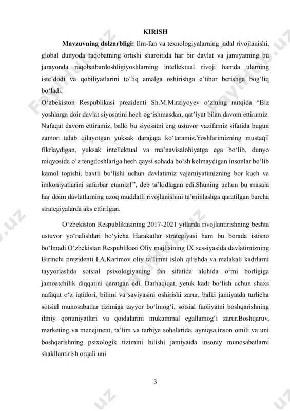 lanib, turmush normalariga bo‘ysungan holda jamiyatda o‘zining munosib o‘rnini egallab, fuqarolik burchini ado etishga tayyor bo‘lishi darkor. shu nuqtai nazardan olib qaralganda, talabalar hukmiga havola etilayotgan “sotsial psixologiya” o‘quv qo‘llanmasi shaxs va jamiyat munosabatlari qonuniyatlarini tavsiflashga bag‘ishlangandir. kurs ishining maqsadi: sotsial va shaxslararo munosabatlarda muloqotning o’ziga xos jihatlarini tahlil qilish . kurs ishining vazifalari: - kichik guruhlar va jamoalar psixologiyasi birinchidan, uning asosiy yo‘nalishi kichik guruhlar va jamoalar psixologiyasini o‘rganishdan iboratdir. - har bir shaxs hamisha malum ijtimoiy guruxlar doirasida faoliyat ko‘rsatadi. bu uning oilasi, mehnat jamoasi, ko‘cha-kuydagi norasmiy guruhdagi do‘stlari davrasi, o‘quv jamoasi va hokazolardir. - shaxsning yakka va turli guruhlar doirasida o‘zini tutishi, xulq-atvori, mavqei, unga o‘ziga xos guruhiy ta’sirlar, guruhdagi shaxslararo moslik, liderlik, guruhiy taz’yiqqa beriluvchanlik kabi qator hodisalar aslida o‘sha guruhlarni boshqarish, o‘zaro munosabatlar sharoitini yaratish - bu odamlarni samarali o‘zaro muloqotga o‘rgatishning zaruriyatidir. - guruhlardagi kishilar o‘rtasida o‘zaro muloqot, o‘zaro bir-biriga ta’sir usullari, odamlarni samarali …