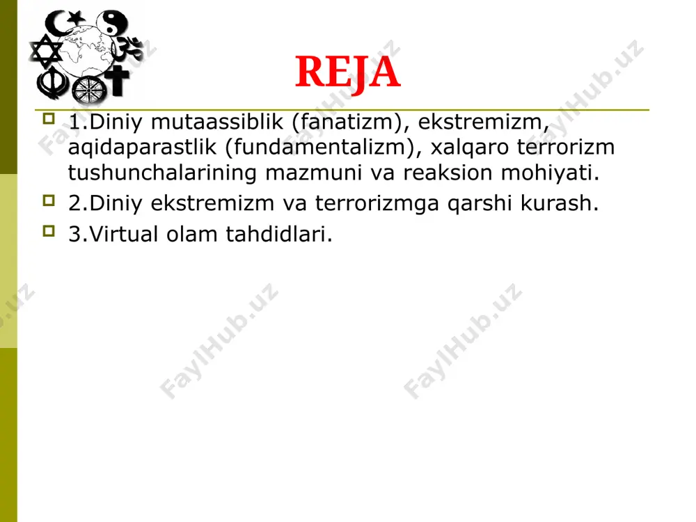 811 oʻrinda takrorlanishi uning oʻrni qanchalik yuqori ekanini koʻrsatadi. hazrati ali (r.a.) aytadilar: “ilmsiz ibodatda, fahmsiz ilmda va tafakkursiz qiroatda yaxshilik yoʻqdir”. imom buxoriy ta'kidlaganlaridek: “dunyoda ilmdan boshqa najot yoʻq va boʻlmagay”. hadisi sharifda: “ilm talab qilish har bir musulmonga farzdir”. (imom buxoriy rivoyati) afsuski, soʻnggi yillar ichida istambul, nyu-york, sankt-peterburg va stokgolmda yuz bergan terrorchilik harakatlarida markaziy osiyo fuqarolari ishtirok etgan. mutaassiblik (arab. «gʻuluv ketish», «chuqur ketish») muayyan gʻoyalarning toʻgʻri ekaniga qattiq ishonish, ularga mukkasidan berilish, «oʻzgalar» va «oʻzgacha» qarash va gʻoyalarga murosasiz munosabatda boʻlish, boshqa firqa va mazhablarni butunlay rad etgan holda, ularni tan olmaslik. aqidaparastlik (aqida – arabcha – «ishonch», «biror narsani ikkinchisiga bogʻlash») muayyan sharoitda, biron-bir gʻoya yoki tamoyilga qat'iy ishonch va uni mutlaqlashtirish asosida shakllangan qoida va tartiblarni hamda ularni sharoit, holat, vaziyatni hisobga olmagan holda, koʻr-koʻrona qoʻllash va urinishni anglatadi. u muayyan qonun va qoidalar ta'sir doirasini sun'iy ravishda kengaytirishga urinishda yorqin namoyon boʻladi. …