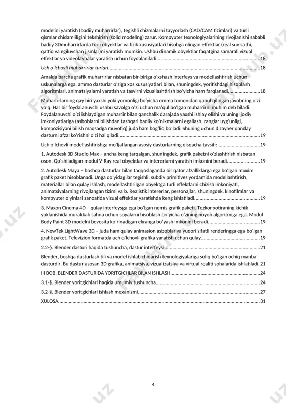 bu vazifalarga bog‘liq ravishda respublikada zamonaviy axborot-kommunikasiya texnologiyalari sohasida yangi o‘quv adabiyotlarni yaratish, axborot resurs markazlariga joylashtirish va ulardan samarali foydalanishni rivojlantirishga alohida e‘tibor qaratilayotganini ko‘rish mumkin. zamonaviy texnologiyalar taraqqiyoti natijasida kompyuter grafikasi turli sohalarda keng qo‘llanilmoqda. bugungi kunda kino industriyasi, video o‘yinlar, reklama, ilmiy vizualizatsiya va arxitektura kabi sohalarda realistik tasvirlar yaratish katta ahamiyatga ega. ayniqsa, uch o‘lchamli (3d) grafika tizimlari rivojlanib, foydalanuvchilarga yanada aniq va realistik modellash imkoniyatini taqdim etmoqda. ushbu jarayonda yoritish juda muhim rol o‘ynaydi. chunki yoritish orqali sahnaning realistik ko‘rinishi, jismoniy xususiyatlari va umumiy muhitni to‘g‘ri aks ettirish mumkin. shu sababli, blender dasturida yoritgichlar bilan ishlash bugungi kunda 3d grafikasi bilan shug‘ullanadigan har bir mutaxassis uchun muhim mavzulardan biri hisoblanadi. blender — bu bepul va ochiq kodli 3d grafik dasturi bo‘lib, u modellashtirish, animatsiya, vizual effektlar, video montaj va, albatta, render jarayonlari uchun keng imkoniyatlar taqdim etadi. ushbu dastur dunyo bo‘ylab ko‘plab dizaynerlar, animatorlar va …