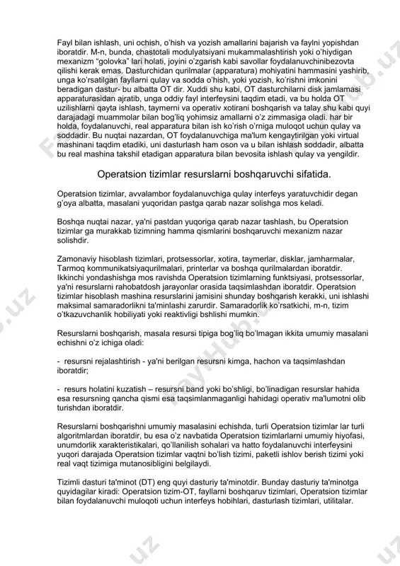 tiruvchi asosiy vositalardan biri hisoblanadi. avvalo ular orasidagi bog’lanish interfeys deb atalishini bilib olishimiz lozim. kompyuterning turli texnik qismlari orasidagi o’zaro bog’lanish — bu,apparat interfeysi, dasturlar orasidagi o’zaro bog’lanish esa — dasturiy interfeys, apparat kismlari va dasturlar orasidagi o’zaro bog’lanish — apparat — dasturiy interfeys deyiladi. shaxsiy kompyuterlar xakida gap ketganda kompyuter tizimi bilan ishlashda uchinchi ishtirokchini, ya'ni insonni (foydalanuvchini) ham nazarda tutish lozim. inson kompyuterning ham apparat, ham dasturiy vositalari bilan mulokotda buladi. insonning dastur bilan va dasturni inson bilan o’zaro mulokoti — foydalanuvchi interfeysideyiladi. endi kompyuterning dasturiy ta'minoti bilan tanishib chiqaylik. barcha dasturiy ta'minotlarni uchta kategoriya bo’yicha tasniflash mumkin: tizimli dasturiy ta'minot; amaliy dasturiy ta'minot; dasturlash texnologiyasining uskunaviy vositalari. operatsion tizim tushunchasi operatsion tizimlar kengaytirilgan mashina sifatida. ko’pgina kompyuterlardan mashina tillari darajasida foydalanish ancha murakkabdir, ayniqsa bu kiritish-chiqarish masalalariga tegishlidir. masalan, yumshoq diskdan ma'lumotlar blokini o’hishni tashkil etish uchun dasturchiga 16 turli komandalardan foydalanishiga to’hri keladi, ularning har …
