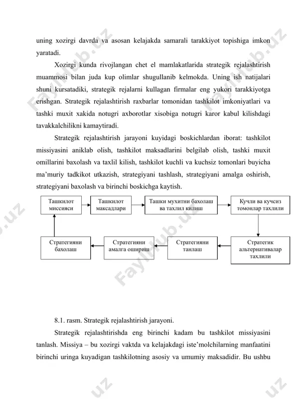 mijozlarimiz kim»? 11. «mijozlarimizning kanday extiyojlarini biz kondirishimiz mumkin»? 12. notijorat tashkilotlarning mijozlari bu uning xizmatidan foydalanuvchi va uni resurslar bilan ta’minlovchilar bulib xisoblanadi. 13. firma uchun umumiy bulgan maksadlar korxona umumiy missiyasidan kelib chikkan xolda tanlanadi: 14. maksadlar anik va ulchab buladigan bulishi kerak. 15. maksadlar anik davrga belgilanadi. 16. maksad erishiladigan bulishi kerak. 17. maksadlar bir-birini kullab-kuvvatlovchi bulishi kerak. tashki muxitni baxolash va taxlil kilish. tashki muxitni taxlil kilish shunday jarayonki, bunda strategik rejani ishlab chikuvchilar tashkilotga ta’sir etuvchi imkoniyat va xavflarni aniklash uchun tashki muxit omillarini nazorat kiladilar. tashki muxitni taxlil kilish kuyidagi 3 ta savolga javob berish bilan aniklanadi: tashkilot xozir kanday xolatda turibdi? raxbariyatning fikricha tashkilot kelajakda kanday xolatda bulishi kerak? tashkilot xozirgi xolatdan raxbariyat xoxlaydigan xolatga utishi uchun kanday chora tadbirlar olib borishi kerak? xavf va imkoniyatlar asosan 7 soxaga ajratiladi: iktisodiy, siyosiy, bozor, texnologik, rakobat, xalkaro va ijtimoiy (8.2. rasm). 8.2. расм. ташки …