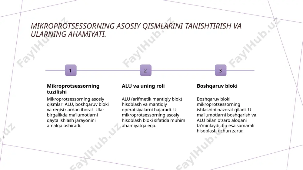 iradi. 3 samaradorlikni oshirish - alu samaradorligini oshirish uchun pipelining qo'llanilishi, ko'p funksiyali operatsiyalar va yuqori tezlikdagi takomillashtirilgan arxitektura muhim ahamiyatga ega. 4 arifmetik operatsiyalar - alu arifmetik operatsiyalarni, masalan, qo'shish, ayirish va ko'paytirishni aniq va tez amalga oshiradi, bu esa dasturlar uchun zarur hisoblashlarni ta'minlaydi. boshqaruv blokining tuzilishi va uning mikroprotsessordagi o'rni. 01 boshqaruv bloki tuzilishi boshqaruv bloki mikroprotsessorning muhim qismi bo'lib, u ma'lumotlarni qayta ishlash jarayonini boshqaradi va boshqa komponentlar bilan o'zaro aloqada bo'ladi. 02 boshqaruv bloki vazifalari bu blok, instruktsiyalarni dekodlash va ijro etish, ma'lumotlar yo'nalishini belgilash, hamda vaqtni boshqarish kabi muhim vazifalarni bajaradi. 03 boshqaruv bloki va alu boshqaruv bloki va alu o'rtasidagi o'zaro aloqalar, alu ga kerakli ma'lumotlarni taqdim etish va natijalarni qayta ishlashda muhim rol o'ynaydi. boshqaruv blokining ish jarayoni va ma'lumotlarni boshqarish. 1 boshqaruv blokining vazifasi - boshqaruv bloki mikroprotsessorning markaziy qismi bo'lib, ma'lumotlarni boshqarish va arifmetik operatsiyalarni muvofiqlashtirish vazifasini bajaradi. 2 ma'lumotlarni …