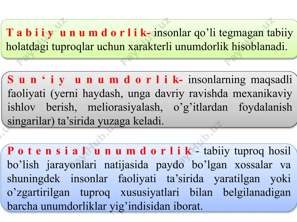 i ph - 5 - 6 kuchsiz kislotali ph - 7 neytral ph - 7 - 8 kuchsiz ishqoriy ph - 8 - 9 ishqoriy ph - 9 – 11 kuchli ishqoriy tuproq kislotaliligi tuproqning aktual kislo- taliligi eritmada erkin holdagi vodorod ionlarining ko’p miqdorda to’planishidan yuzaga keladi. tuproqning potensial (yashirin) kislotaliligi singdirish kompleksidagi almashinuvchi h+ va al3+ ionlarining ta’sirida hosil bo’ladi. almashinuvchi kislotalilik tuproqning kcl, nacl va bacl2 kabi neytral tuz eritmasi bilan o’zaro ta’siri natijasida yuzaga keladi. gidrolitik kislotalilik tuproqning gidrolitik ishqoriy tuz, jumladan sirka kislotasining natriyli tuzi (ch3coona) eritmasi bilan o’zaro ta’siri natijasida hosil bo’ladi. tuproq ishqoriyligi. eritmada gidrooksid ionlari vodorod ionlariga nisbatan ko’p bo’lganda (ph>7) eritma va tuproqning ishqoriy reaksiyasi vujudga keladi. ishqoriy reaksiyaning kelib chiqishida eritmadagi kuchli asosli va kuchsiz kislotali xarakterdagi (k2co3, khco3, na2co3, nahco3) tuzlar asosiy rol o’ynaydi. singdirish kompleksida natriy kationlari saqlovchi tuproqlar ishqoriy reaksiyaga ega. tuproq eritmasi va qattiq fazasining kislotali …