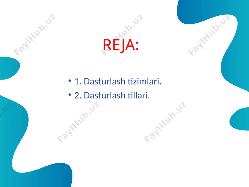 lar) 5 – til konvertorlari 6 – redaktorlar va matn protsessorlari 7 - otladchiklar 8 - dizassembler 9 – kross sistemalar 1. аssembler – biron bir mashina kodida yozilgan dastur matnini obʼekt kodiga aylantirish uchun mo’ljallangan. (аssembler tilidagi matn direktivalar va ismlardan tashkil topadi, mashina kodi esa faqat baytlardan tashkil topadi.); 2. аloqa redaktorlari – аssembler yordamida alohida olingan obʼekt modullarini yagona modulga birlashtirishga mo’ljallangan. аloqa redaktori chegarasida barcha adress yo’nalishlari yagona adreslar fazasiga joylashtiriladi. 3.makroprotsessorlar –kiritiladigan matn simvollarini makroo’zgartirish qoidalari asosida o’zgartiruvchi dastur. 4. translyatorlar (tarjimonlar) bir tilda yozilgan matnni boshqa tilga o’giradilar. translyatorlarning quyidagi ko’rinishlarini ajratib ko’rsatish mumkin: 5. til konvertorlari bir yuqori daraja dasturlash tilida yozilgan dastur matnini boshqa yuqori daraja dasturlash tiliga aylantirish uchun mo’ljallangan. 8. dizassembler - bu mashina kodlaridagi dasturni assembler ko’rinishiga oʼzgartiradigan dastur. 9. kross-tizim – asosiy hisoblash muhitidan dasturlarni olib komp’yterda mashina kodlarida ifodalash uchun qoʼllaniladi. loyihalashtirilayotgan hisoblash tizimlari arxitekturasini otladka qilish …