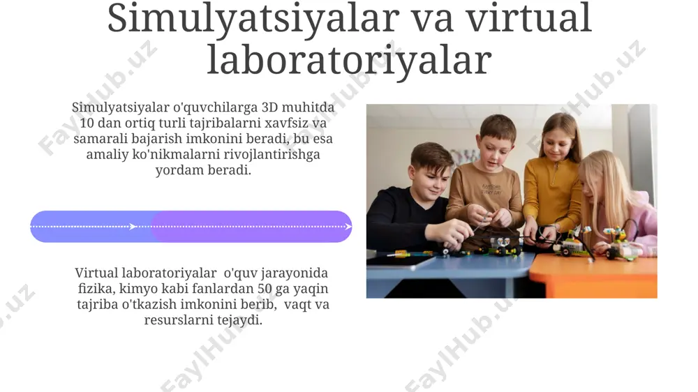 ilimlarni mustahkamlashga va chuqurroq tushunishga yordam beradi. pbl yondashuvida oʻquvchilar 2-3 kishidan iborat guruhlarda ishlashi, 5 ta asosiy bosqichdan iborat jarayonni oʻtishi va yakuniy natijani taqdim etishi lozim. oʻquv jarayonida texnologiyalardan foydalanish usullari oʻquv jarayonida interfaol oʻyinlar va simulyatsiyalar, jumladan, 5-10 daqiqalik mini-oʻyinlar qoʻllash orqali oʻquvchilarning bilimlarini mustahkamlash va motivatsiyasini oshirish mumkin. buning uchun kahoot! yoki quizizz platformalaridan foydalanish samarali. stem loyihalarida ma'lumotlarni tahlil qilish uchun google sheets yoki excel dasturlaridan foydalanish oʻquvchilarning ma'lumotlarni to'plash, tahlil qilish va xulosalar chiqarish ko'nikmalarini rivojlantiradi; bu jarayonda kamida 20 ta ma'lumot birligini tahlil qilish talab etiladi. oʻquv dasturlarini stemga moslashtirish oʻquv jarayoniga 70% amaliy mashgʻulotlar va 30% nazariy bilimlarni qoʻshib, oʻquvchilarning stem fanlariga boʻlgan qiziqishini oshirish va 21-asr koʻnikmalarini rivojlantirish mumkin. interaktiv oʻyinlar va simulyatsiyalar yordamida 5-sinf oʻquvchilariga murakkab stem tushunchalarini sodda va tushunarli tarzda yetkazish, ularning muammo hal qilish qobiliyatini rivojlantirishga yordam beradi. stem fanlarini bir-biri bilan bogʻlash stem fanlarini integratsiyalashgan loyihalar …