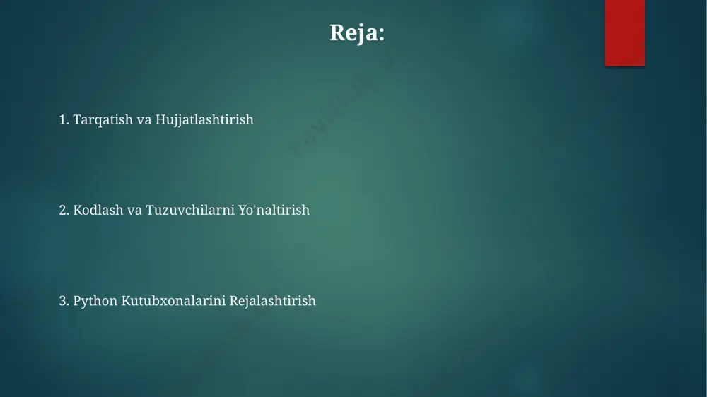 ni qaytarish mexanizmlarini qo'llang. masalan, noto'g'ri kirish uchun 404 xato kodi qaytarilsin. kelajakdagi rejalashtirish va kengaytirish kelajakdagi rejalashtirishga 2.0 versiyasini chiqarish, 10 dan ortiq yangi funksiyalarni qo'shish va global miqyosda 5000 dan ortiq foydalanuvchini jalb qilish kiradi. kengaytirish uchun, python 3.11 va yuqori versiyalari bilan moslashuvchanlikni ta'minlash, shuningdek, moskva va toshkentdagi hamkorlar bilan hamkorlikni mustahkamlash rejalashtirilgan. keyingi bosqichda, hujjatlarni takomillashtirish va 3 ta yangi tilga (masalan, fransuz, nemis, ispan) tarjima qilish orqali foydalanuvchilar sonini ko'paytirishni maqsad qilamiz. talablarni tahlil qilish va belgilash tokio shahridagi ma'lumotlar bazasidan olingan 2500 ta yozuvni tahlil qilishda, python kutubxonasi yordamida matnni tozalash va 3 xil nlp texnikasini qo'llash orqali aniqlikni 95% ga oshirish mumkin. python kutubxonalarida ma'lumotlar tahlili uchun 1000 dan ortiq satrli fayllarni samarqanddagi serverdan o'qish va 5 ta asosiy ustunni ajratib olish funksiyalarini yaratish mumkin. qo'qondagi universitetdan olingan 15 mingta talabaning baholarini tahlil qilish uchun, python kutubxonasi yordamida statistik ko'rsatkichlarni (o'rtacha, standart og'ish) …