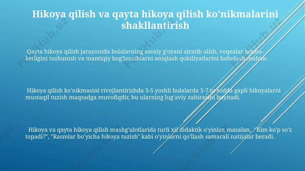 n iborat oddiy hikoyani tuzishi, lug'at zahirasining boyligi va so'zlarni ma'no jihatdan to'g'ri ishlatishi baholanadi. bolaning nutqini baholashda, 5 yoshgacha bo'lgan bolalarda so'z boyligi o'rtacha 2000-3000 so'zni tashkil etishi, grammatik tuzilmalarni to'g'ri qo'llash ko'rsatkichi muhim ahamiyatga ega. savol-javob munosabatlarini rivojlantirish bolalarda savollarga to'liq va aniq javob berishni rivojlantirish uchun turli o'yinlar, masalan, "kim?", "nima?", "qayerda?" kabi savollarga asoslangan o'yinlardan foydalanish samarali. muvaffaqiyatli savol-javob munosabatlarini rivojlantirish uchun kamida 10 ta turli mavzularda 20 ta savol va javobdan iborat mashqlarni muntazam bajarish tavsiya etiladi. savol-javob munosabatlarini rivojlantirishda 3-5 yoshli bolalarda sodda savollarga 2-3 so'zli javoblar berish ko'nikmasini shakllantirish muhim, bu lug'at boyligini oshirishga yordam beradi. fonetik eshitishning shakllanishi bolalarda fonetik eshitishning etarli darajada rivojlanmaganligi artikulyatsion nuqsonlar, so‘z boyligining cheklanganligi va o‘qishga tayyorgarlikning pastligi kabi 5-7 ta asosiy oqibatlarga olib kelishi mumkin. fonetik tahlil va sintez qobiliyatlarining rivojlanishi, ya’ni 5-6 yoshdagi bolalarning murakkab so‘zlarni bo‘g‘inlarga ajratish va tovushlarni aniqlash qobiliyati, fonetik eshitishning yuqori …