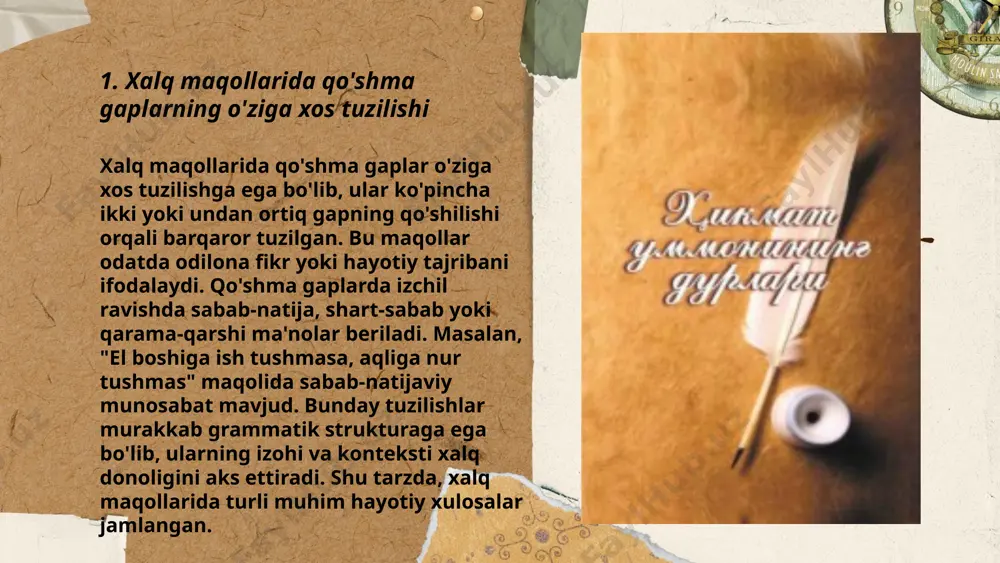 qiladi. teng tarkibli maqollarga misollar: aqlli naqllab so'zlar, aqlsiz laqillab so'zlar. aqlli otini maqtar, ahmoq — xotinini. aqlli do'st — rohat, aqlsiz do'st — ofat. aqlli ish sevar, aqlsiz — so'z. baxilning qo'li siqiq, qo'lidan ham dili siqiq. baxildan bosh bo'lmas, ahilga sirdosh bo'lmas. xalq maqollarida tobe tarkibli gaplar keng qo‘llanadi, chunki ular ko‘pincha o‘zaro bog‘langan mazmun va tushunchalarni ifoda etadi. tobe tarkibli gaplar bir asosiy va unga tobe bo‘lgan qo‘shimcha gaplardan iborat bo‘lib, ular o‘zaro ma’no jihatidan bog‘liq holda ishlatiladi. xalq maqollarida tobe tarkibli gaplar keng qo‘llanadi, chunki ular ko‘pincha o‘zaro bog‘langan mazmun va tushunchalarni ifoda etadi. tobe tarkibli gaplar bir asosiy va unga tobe bo‘lgan qo‘shimcha gaplardan iborat bo‘lib, ular o‘zaro ma’no jihatidan bog‘liq holda ishlatiladi. xalq maqollarida tobe tarkibli gaplar keng qo‘llanadi, chunki ular ko‘pincha o‘zaro bog‘langan mazmun va tushunchalarni ifoda etadi. tobe tarkibli gaplar bir asosiy va unga tobe bo‘lgan qo‘shimcha gaplardan iborat bo‘lib, ular o‘zaro …