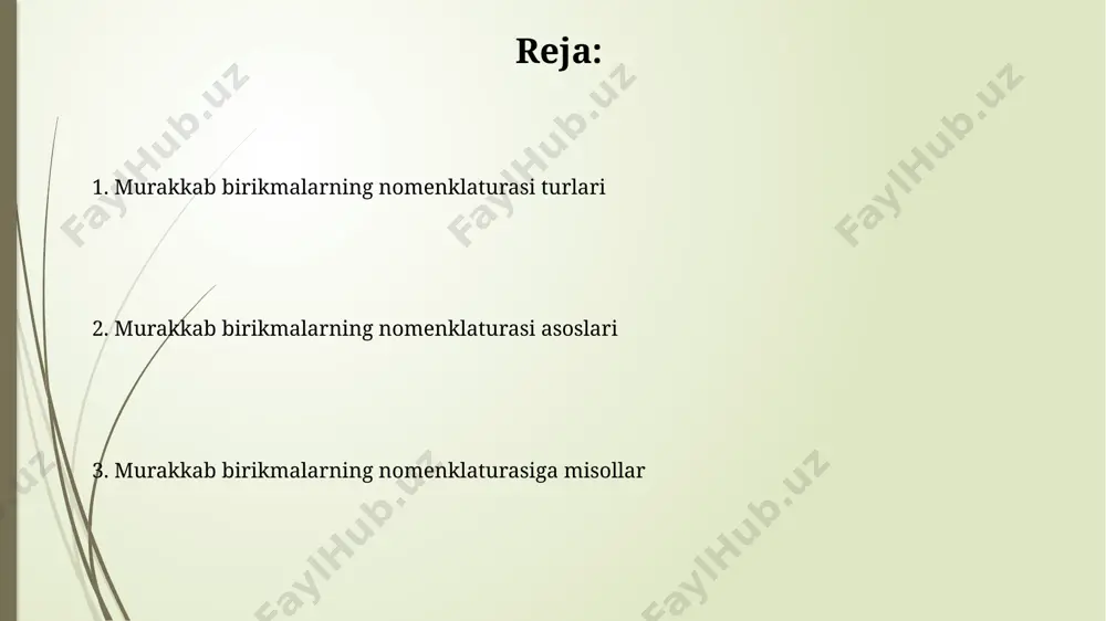 r soni va turini ko'rsatuvchi ko'plik son qo'shimchalari (mono-, di-, tri-, tetra- va h.k.) ishlatiladi, masalan, [co(nh₃)₆]³⁺ – geksaammin-kobalt(iii) ioni. murakkab anionlarning nomlanishi murakkab anionlarda ligandlar soni yunoncha qo'shimchalar (mono-, di-, tri-, tetra- va boshqalar) yordamida ko'rsatiladi, masalan, [ptcl₄]²⁻ – tetrakloroplatinat(ii)-anioni. murakkab anionlarning nomi, tarkibida turli metall atomlari bo'lsa, ularning oksidlanish darajalari rim raqamlari bilan ko'rsatiladi, masalan, [fe(cn)₆]⁴⁻ – geksatsianoferat(ii)-anioni. amaliy misollar va mashqlar koordinatsion raqami 4 va 6 bo‘lgan 3 ta murakkab ionlarning nomini yozish va ularning oksidlanish darajasini aniqlash bo‘yicha amaliy misollar keltiriladi. murakkab birikmalarning nomenklaturasiga oid 5 ta masalani yechish va ularning tuzilish formulalarini chizish ko‘nikmalarini mustahkamlashga oid mashqlar beriladi. murakkab birikmalarning nomenklaturasi tushunchasi koordinatsion birikmalarning nomlanishida ligandlar soni va turi, markaziy atomning oksidlanish darajasi va koordinatsion soni kabi omillar hisobga olinadi, bu 1:1 yoki 2:3 nisbatlarda bo'lishi mumkin. murakkab birikmalarning nomenklaturasi, ularning kimyoviy formulasini sistematik ravishda nomlash qoidalarini o'z ichiga oladi, masalan, koordinatsion birikmalar uchun iupacning …