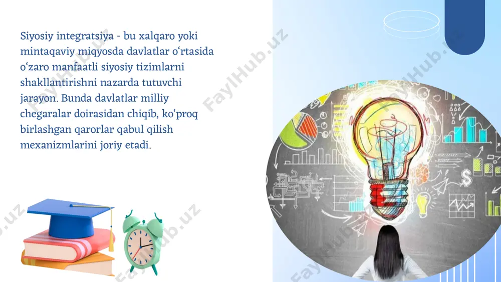 ni ochadi. bu nafaqat iqtisodiy o‘sishni, balki mintaqaviy integratsiyani ham mustahkamlaydi. xalqaro siyosatda nufuzning oshishi: o‘zbekistonning mintaqaviy integratsiya jarayonlaridagi ishtiroki va mustahkam aloqalari, shuningdek, yirik xalqaro tashkilotlardagi faoliyatlari mamlakatning xalqaro siyosatdagi mavqeini kuchaytiradi. bu, o‘z navbatida, o‘zbekistonning tashqi siyosatidagi mustahkamlik va barqarorlikni ta'minlaydi. ekologik va energetik integratsiya: markaziy osiyo davlatlari ekologik va energetik muammolarni hal qilishda birlashish zaruriyatini tushunib etmoqda. o‘zbekiston ushbu sohalarda hamkorlikni yanada rivojlantirish uchun ko‘plab tashabbuslarni ilgari surmoqda. kelgusidagi istiqbollar o‘zbekistonning siyosiy integratsiyadagi faoliyatini tahlil qilgan holda, uning o‘zaro hamkorlik va tashqi siyosatda mustahkam pozitsiyalarni egallashiga qaratilgan yirik tashabbuslari va mintaqaviy xavfsizlikka qo‘shgan hissasi yuqori baholanishi mumkin. integratsiya jarayonining kelajagi o‘zbekistonning nafaqat iqtisodiy, balki siyosiy mustaqilligini saqlagan holda o‘zaro manfaatli hamkorliklarni rivojlantirishga yordam beradi. e’tiboriz uchun rahmat! image1.jpeg image10.png image11.png image2.png image3.svg image4.png image5.svg image6.png image7.svg image8.png image9.svg image12.png image13.png image14.png image15.png image16.png image17.png image18.png image19.png image20.png image21.png image22.png image23.png image24.png image25.png image26.png image27.png image28.png image29.png /docprops/thumbnail.jpeg