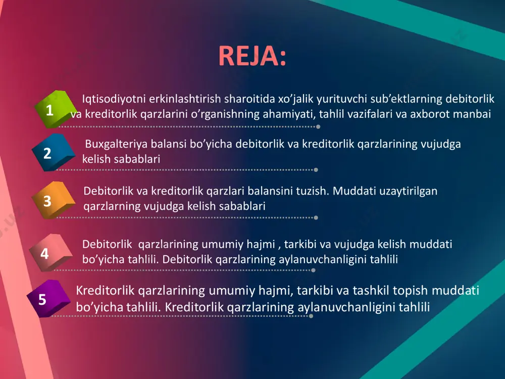 naning moliyaviy holatini yaxshilash borasida chora-tadbirlar belgilashdan iborat. debitorlik va kreditorlik majburiyatlari bo’yicha hisobot, ma’lumotnoma har oyning 1-sanasida tuzilib, tegishli tashkilotlarga topshiriladi. ushbu ma’lumotnomadan korxonaning majburiyatlar balansini ham tuzish mumkin. tahlil etishda korxonalarning muayyan davrga bo’lgan o’zaro debitorlik va kreditorlik majburiyatlarining holatiga, tarkibiga, tashkil topish muddatlariga, yuzaga chiqish sababalariga, debitorlik va kreditorlik majburiyatlarning oqlanuvchanligiga, debitorlik va kreditorlik majburiyatlari bo’yicha dargumon qarzlarning yuzaga chiqishiga baho beriladi. http://hozir.org/1-mavzu-kompyuter-va-uning-qurilmalari-dasturiy-taminot.html korxonalarning debitorlik va kreditorlik majburiyatlarini o’rganishda moliyaviy tahlilning asosiy vazifalari: • debitorlik va kreditorlik qarzlarining yuzaga chiqish sabablarini o’rganish; • korxonaning debitorlik va kreditorlik qarzlari holatiga baho berish; • debitorlik va kreditorlik qarzlarining vujudga kelish muddatlari bo’yicha tasniflagan holda o’rganish; • kreditorlik qarzlarining tarkibiy tuzilishi va dinamik o’zgarishlariga baho berish; • debitorlik va kreditorlik qarzlarining aylanuvchanligiga baho berish; • muddati o’tgan debitorlik va kreditorlik qarzlarining mavjudligini va ularni tugatish yo’llarini o’rganish; • qarzlarni kamaytirish bo’yicha mavjud imkoniyatlarni ko’rsatib berish va hakozo. xo’jalik yurituvchi sub’ektlarning …