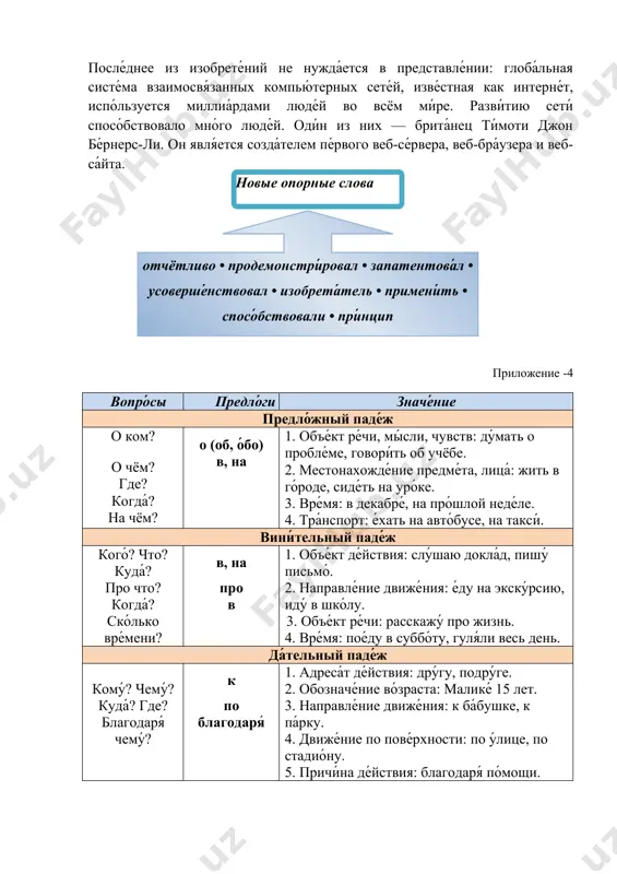 а. ( отчётливо • продемонстри́ровал • запатентова́л • усоверше́нствовал • изобрета́тель • примени́ть • спосо́бствовали • при́нцип ) приложение -4 вопро́сы предло́ги значе́ние предло́жный паде́ж о ком? о чём? где? когда́? на чём? о (об, о́бо) в, на 1. объе́кт ре́чи, мы́сли, чувств: ду́мать о пробле́ме, говори́ть об учёбе. 2. местонахожде́ние предме́та, лица́: жить в го́роде, сиде́ть на уро́ке. 3. вре́мя: в декабре́, на про́шлой неде́ле. 4. тра́нспорт: е́хать на авто́бусе, на такси́. вини́тельный паде́ж кого́? что? куда́? про что? когда́? ско́лько вре́мени? в, на про в 1. объе́кт де́йствия: слу́шаю докла́д, пишу́ письмо́. 2. направле́ние движе́ния: е́ду на экску́рсию, иду́ в шко́лу. 3. объе́кт ре́чи: расскажу́ про жизнь. 4. вре́мя: пое́ду в суббо́ту, гуля́ли весь день. да́тельный паде́ж кому́? чему́? куда́? где? благодаря́ чему́? к по благодаря́ 1. адреса́т де́йствия: дру́гу, подру́ге. 2. обозначе́ние во́зраста: малике́ 15 лет. 3. направле́ние движе́ния: к ба́бушке, к па́рку. 4. движе́ние по пове́рхности: …