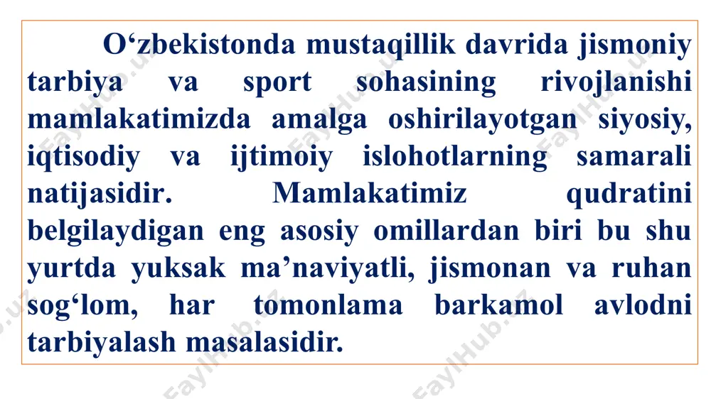 ingyillik - milodiy iv asr). 2. o‘rta asrlar davrida jismoniy tarbiya va sport (v- xvii asrlar). 3. yangi davrda jismoniy tarbiya va sport (xviii – xix asr oxiri). 4. eng yangi davrda jismoniy tarbiya va sport (xx asrning boshlari – hozirgi kungacha) jismoniy tarbiya va olimpiya harakati tarixi fanini o‘rganish manbalariga: - qadimgi jismoniy tarbiyaga oid arxeologik va etnografik manbalar; - jismoniy tarbiya va sportga doir arxiv materiallari, ilmiy kitoblar va boshqa yozma manbalar; - jismoniy tarbiya va sportga oid tasviriy san’at asarlari, badiiy kitoblar, kino, foto, fonomateriallar; - turli xalqlar jismoniy tarbiyasining rivojlanishi to‘g‘risidagi amaliy ma’lumotlar (sport yutuqlari, sport rekordlari); - jismoniy tarbiya va sportga doir hukumat qonunlari, qaror va farmonlari, maxsus rasmiy hujjatlari kiradi. jismoniy tarbiya va olimpiya harakati tarixi faninining maqsadi – talabalarda jismoniy tarbiya va sportning turli tarixiy davrlarda rivojlanish qonuniyatlari, g‘oyalari, tizimlari, asosiy shakllari, usullari va vositalari to‘g‘risidagi ilmiy-nazariy bilimlarni shakllantirishdir. fanning asosiy vazifalari – …
