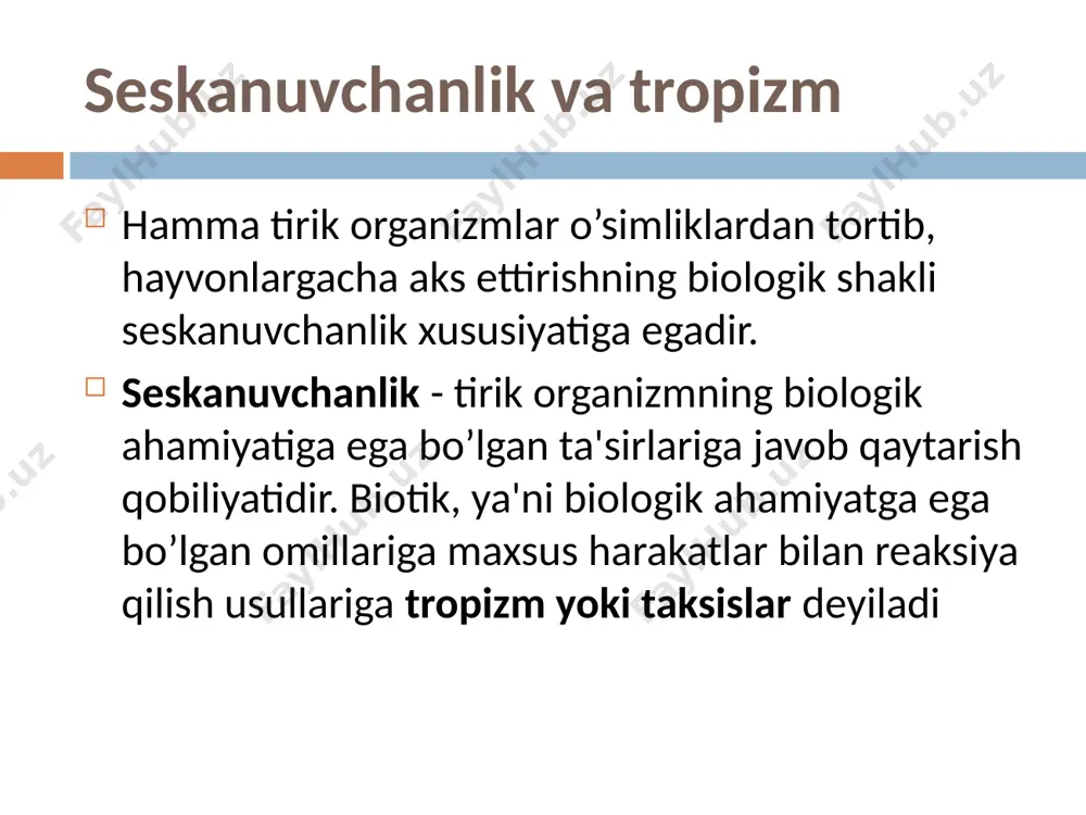 asalan, kungaboqar o’simligining quyosh nuri tomon harakatlanishi. 6.barotropizm - tirik organizmning havo bosimi ostida harakat qilishga moyilligidir. masalan, havo bulut bo’lganida, havoda uchib yurgan hashoratlar yerga pastga qarab uchadilar. 7.gidrotropizm - tirik organizmning namlik suv ta'siri ostida harakat qilishiga moyilligidir. o’simliklarda aks ettirishning biologik shakli faqatgina tropizmlardan iborat bo’lib, bu harakatlar o’simliklarga o’z-o’zini boshqarishiga yordam beradi, ya'ni ular o’zlari uchun foydali bo’lgan manbaga qarab intiladi yoki o’zini himoya qilishga doir boshqacha harakat qiladi. masalan, nomozshomgul kechki payt ochilib, kunduzi yoruqlikdan yopiladi. hayvonlarda bo’ladigan hatti-harakatlarning ikki xil formasini, ya’ni tug’ma (yoki nasldan-naslga o’tadigan) hatti-harakatlar bilan hayvonlarning o’z tirikchiligi tajribasi natijasida paydo qiladigan (yoki hosil qiladigan) hatti-harakatlarni bir-biridan farq qilmoq kerak. hayvonlar hatti-harakatining asosiy tug’ma formasi instnktlardir. hayvonlarning o’z tirikchiligi tajribasi natijasida hosil bo’ladigan (individual) hatti-harakat shakllariga ko’nikmalar va kurtak holdagi fahm bilan aloqador harakatlar kiradi инстинктлар ҳайвонларнинг ўз эҳтиёжларини қондириш учун қиладиган мураккаб туғма ҳаракатларидир. ҳайвонларнинг инстинктлари жуда хилма-хил бўлади. ҳайвонларнинг …