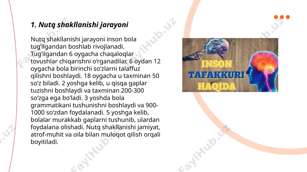 g'ulari va tajribalarini boshqalarga yetkazadilar. shuningdek, nutq va tafakkur bir-birini o'zaro mustahkamlab, shaxslararo muloqotni va bilimlar almashinuvini ta'minlaydi. ushbu jarayonlar o'zaro bog'liq bo'lib, rivojlanishida til, madaniyat va muhitning ta'siri katta. tafakkur rivojlanganligi nutq xilma-xilligi va murakkabligida namoyon bo'ladi. ... t.me/slaydai_bot 4. til va tafakkur farqlari til va tafakkur o'rtasidagi farqlar mavzusida til inson tafakkuri va dunyoqarashiga ta'sir qiluvchi muhim omildir. til orqali fikrlar shakllanadi va ifodalanadi. masalan, sapir-whorf gipotezasi til strukturalari tafakkurni qanday shakllantirishini o'rganadi. ularning tadqiqotlariga ko'ra, turli tillar dunyoqarashning xilma-xil bo'lishiga olib keladi. til kategoriyalari insonning mantiqiy fikrlash jarayonlariga ta'sir ko'rsatishi mumkin, masalan, vaqt, fazo va jins kategoriyalari. shu bilan birga, til modellarini avtomatlashtirish va sun'iy intellektda qo'llash orqali ko'plab yangi tadqiqotlar olib borilmoqda, bu esa tafakkurni yanada chuqurroq o'rganishga zamin yaratmoqda. ... t.me/slaydai_bot inson tafakkuri va nutqning rivojlanishi bolalik davrida eng tez sur’atlar bilan kechadi. tug‘ilgan paytdan boshlab, miyadagi neyronlar tez suratlarda ko‘payib, bolalik davomida taxminan 100 …