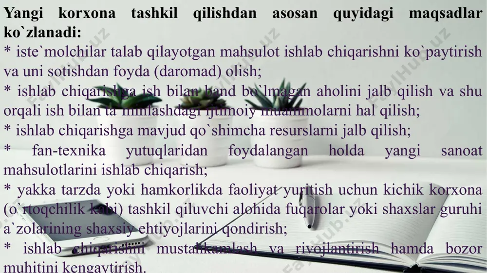 tugatish komissiyasi javobgar hisoblanadi. amaliyotda korxona faqat nizom yoki faqat ta`sis shartnomasi asosida, shuningdek, bir vaqtning o`zida nizom va ta`sis shartnomasiga asosan faoliyat yuritish hollari mavjud. shuni qayd qilib o`tish kerakki, korxonaning (huquqiy shaxsning) ta`sis shartnomasi kelishuv asosida tuziladi, nizom esa ta`sischi (ta`sischilar) tomonidan tasdiqlanadi. bitta ta`sischi tomonidan tuzilgan huquqiy shaxs shu ta`sischi tomonidan tasdiqlangan nizom asosida faoliyat yuritadi. qaysi tarmoqqa qarashliligiga ko`ra korxonalar ishlab chiqarish va noishlab chiqarish (mashinasozlik, ko`mir qazib chiqarish, sug’urta va hokazo) sohalariga mansub bo`lishi mumkin. ishlab chiqarilayotgan mahsulot turi va ko`rinishiga ko`ra, korxonalar sanoat, qishloq xo`jaligi, transport, moliya-kredit va boshqalarga bo`linadi. texnologik umumiyligiga ko`ra, korxonalar ishlab chiqarish jarayonini uzluksiz va diskret ravishda, kimyoviy yoki mexanik jarayonlarning ustunligi asosida yurituvchilarga bo`linadi. tayyor mahsulotning maqsadlariga ko`ra, barcha korxonalar ikkita katta guruhga bo`linadi: ishlab chiqarish vositalarini ishlab chiqaruvchilar va iste`mol mahsulotlarini ishlab chiqaruvchilar. foydalaniluvchi xomashyo turiga ko`ra, sanoat korxonalari qazib chiqaruvchi va qayta ishlovchi korxonalarga taqsimlanadi. yil davomida …