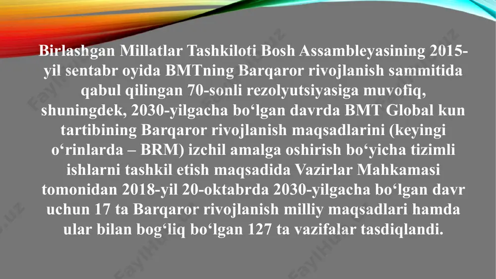 aatlarini ta'minlashga qaratilgan siyosatni amalga oshirish uchun 2030- yilgacha milliy brmning bajarilishini nazorat qilish bo‘yicha parlament komissiyasi tuzildi. https://nsdg.stat.uz/uz 17 ta maqsad: o ‘ta qashshoqlikka barham berish; ochlikka barham berish; sog‘lik va farovonlik; sifatli ta’lim; gender tengligi; toza suv va sanitariya; arzon va toza energiya munosib ish o‘rinlari va iqtisodiy o‘sish; 9. sanoatlashtirish, innovatsiya va infratuzilma; 10. tengsizlikni kamaytirish; 11. barqaror shaharlar va aholi yashash joylari; 12. mas’uliyatli iste’mol va ishlab chiqarish; 13. iqlim o‘zgarishiga qarshi kurashish; 14. dengiz ekotizimlarini asrash; 15. quruqlikdagi ekotizimlarni asrash 16. tinchlik, adolat va samarali boshqaruv 17. barqaror rivojlanish yo‘lidagi hamkorlik 17 ta maqsad: barqaror rivojlanish dastlab kelajak avlodlarining resurslariga ziyon etkazmasdan hozirgi zamon ehtiyojlarini qondirish deb ta'riflangan. boshqacha qilib aytganda, kelajakdagi avlodlarning ularga erishish imkoniyatlarini kamaytirish hisobiga hozirgi rivojlanishga erishib bo'lmaydi. bu, shuningdek, iqtisodiy, ekologik, ijtimoiy va madaniy o'lchovlar o'rtasidagi muvozanatni kafolatlash orqali erishiladigan rivojlanish deb tushunilgan. barqaror rivojlanishning to'rtta ustuni ekologik, iqtisodiy, ijtimoiy …