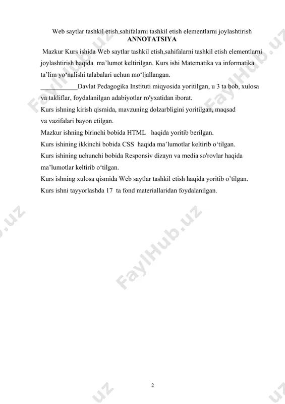 ...............................8 1.3. html strukturasini tashkil etish……………...……..............................16 bob: css haqida umumiy ma'lumotlar......................................................... 20ii- 2.1. css nima?.............................................................................................20 2.2. css qanday ishlaydi………...……………………..............................22 2.3 css sintaksisi va qo’llaniladigan usullari…...……..............................24 iii-bob: responsiv dizayn va media so'rovlar..................................................28 3.1 responsiv dizaynning o'ziga xos xususiyatlari.....................................28 3.2 media so'rovlar bilan sahifalarni moslashtirish……………………....30 xulosa...................................................................................................................37 3foydalaniladigan adabiyotlar ro`yxati:............................................................. 8 kirish “yoshlarimizning mustaqil fikrlaydigan, yuksak intellektual va ma’naviy salohiyatiga ega bo’lib, dunyo miqyosida o’z tengdoshlariga hech qaysi sohada bo’sh kelmaydigan insonlar bo’lib kamol topishi, baxtli bo’lishi uchun davlatimiz va jamiyatimizning bor kuch va imkoniyatini safarbar etamiz”. sh.m.mirziyoyev. mavzuning dolzarbligi. mamlakatimizda shaxsga yo’naltirilgan ta’lim-tarbiya ahamiyatining yildan-yilga o’sib borishi, axborot-kommunikatsion texnologiyalar jadallik bilan rivojlanayotgan, globallashuv, dunyo intellektual maydonida raqobat tobora kuchayib borayotgan bir davrda,demokratik taraqqiyot, modernizatsiya va yangilanish borasidagi maqsadlarga erishishda hal qiluvchi ahamiyat kasb etayotgan bilimli va intellektual avlodni tarbiyalash muhim omil bo’lmoqda.davlatlararo qattiq raqobat mavjud bо‘lgan davrda har bir mamlakatbarcha sohada raqobatbardosh bо‘lishga harakat qiladi. davlatning iqtisodiy, texnik rivojlanishiga qator omillar ta’sir …