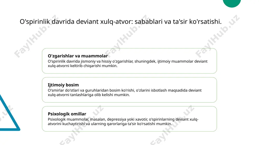 r va ta'sirlar o'spirinlar orasidagi deviant xulq-atvorning sabablari ko'pdir. stress, o'z-o'zini anglash va ijtimoiy muhit bu xulq-atvorga sezilarli ta'sir ko'rsatadi. madaniyat va muhit madaniyat va ijtimoiy muhit o'smirlarning xulq-atvorini shakllantiradi. ushbu omillar o'spirinlarning qaror qabul qilish jarayonlariga va ijtimoiy aloqalariga ta'sir qiladi. e'tiboringiz uchun rahmat! /docprops/thumbnail.jpeg
