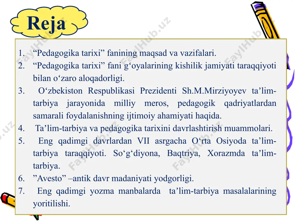 ‘z-o‘zini anglash, kasbiy rivojlanish bilan bog’liqlikda umumiy va pedagogik madaniyatni shakllantirish; pedagogik fikrlar rivojini tahlil etish va tizimlashtirish; pedagogik g’oyalarni tahlil etish asosida ularni o‘quv-tarbiya jarayoniga tatbiq etish. pedagoka tarixini o‘rganish manbalari: arxeologik yodgorliklar; qo‘lyozmalar; xalq og’zaki ijodi; adabiy yodgorliklar; hujjatlar; badiiy adabiyot; memuarlar; sharq va g’arb mutafakkirlarining asarlari. pedagogika tarixi fani g’oyalarining kishilik jamiyati taraqqiyoti bilan o‘zaro aloqadorligi. tarbiya insonning aqliy va axloqiy jihatdan borishi ham o‘z navbatida kishilik jamiyatining qaror topa borishiga yordam bergan. xullas, tafakkur yurita olish qobiliyatiga ega bo’lgan inson kamolotining ta’minlanish jarayoni hamda jamiyatning ijtimoiy taraqqiyoti o’zaro uzviy aloqada shakllangan. mazkur tarixiy jarayon mohiyatini bilish bizga inson tafakkurining juda uzoq davr va murakkab sharoitlarda shakllana borganligidan dalolat beradi. ma’lumki, kishilik jamiyatining vujudga kelishi jarayonida inson ham biologik jihatdan, ham ijtimoiy jihatdan takomillashib borgan. dastlabki diniy e’tiqodlar, eng oddiy ixtirolarning takomillashib borishi kabi holatlar inson ongining ham shakllanib borishiga turtki bo’ldi. bu jarayon minglab yillarni o’z …