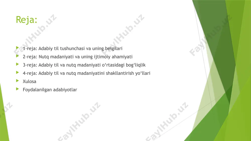 di. nutq madaniyati esa adabiy tilni to‘g‘ri, o‘rinli va samarali qo‘llash madaniyati orqali namoyon bo‘ladi. ular bir-birini to‘ldiradi va mustahkamlaydi. 4-reja: adabiy til va nutq madaniyatini shakllantirish yo‘llari adabiy til va nutq madaniyatini shakllantirish uzluksiz jarayon bo‘lib, u oilada, maktabda va jamiyatda bosqichma-bosqich yuzaga keladi. bu jarayon avvalo, sifatli ta’lim, til o‘rgatish metodikasi, o‘quv adabiyotlari va ommaviy axborot vositalari orqali yo‘lga qo‘yiladi. kitob o‘qish, ifodali gapirish, yozma nutq mashqlari, teatr, televideniye va madaniy dasturlar orqali nutq rivojlanadi. ayniqsa, o‘qituvchi va ota-onalarning shaxsiy namunalari bolaning nutq tarbiyasiga katta ta’sir ko‘rsatadi. til madaniyatini rivojlantirish umumiy madaniyatning ajralmas qismidir. xulosa: adabiy til va nutq madaniyatini shakllantirish har bir shaxsning o‘z ustida ishlashi, faol muloqot va madaniy hayotda ishtirok etishi orqali rivojlanadi. ta’lim-tarbiya, ijtimoiy muhit va shaxsiy mas’uliyat bu jarayonning asosiy omillaridir. jamiyatning madaniy saviyasi yuqori bo‘lishi uchun har bir fuqaro, ayniqsa yosh avlod vakillari til madaniyatiga e’tiborli bo‘lishlari zarur. foydalanilgan adabiyotlar: jo‘rayev, n. …