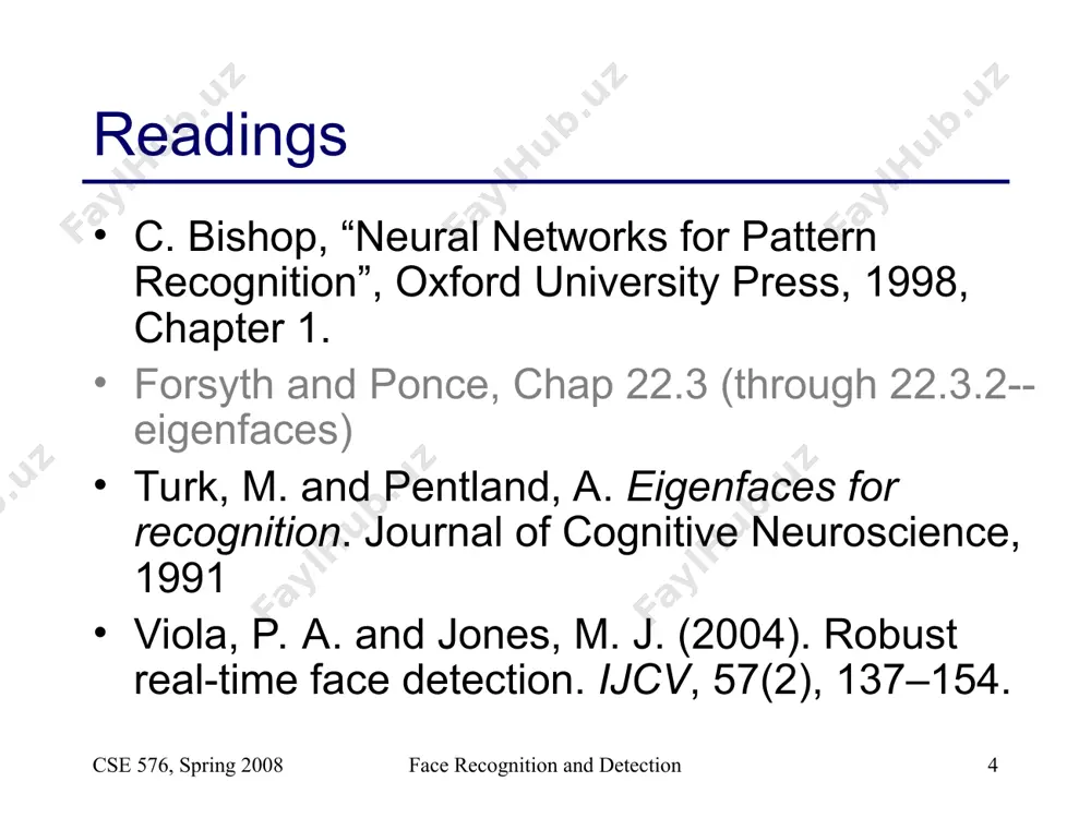 n: boosting [viola & jones] face recognition and detection eigenfaces for recognition matthew turk and alex pentland j. cognitive neuroscience 1991 cse 576, spring 2008 face recognition and detection * linear subspaces classification can be expensive: big search prob (e.g., nearest neighbors) or store large pdf’s suppose the data points are arranged as above idea—fit a line, classifier measures distance to line what does the v2 coordinate measure? what does the v1 coordinate measure? distance to line use it for classification—near 0 for orange pts position along line use it to specify which orange point it is convert x into v1, v2 coordinates face recognition and detection cse 576, spring 2008 face recognition and detection * dimensionality reduction dimensionality reduction we can represent the orange points with only their v1 coordinates (since v2 coordinates are all essentially 0) this makes it much cheaper to store and compare points a bigger …