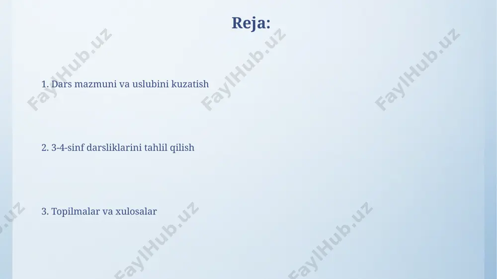 25 tasi muammoli vaziyatlarni hal qilish ko'nikmalarini shakllantirishga qaratilgan edi. sinfdagi o'quv ishlarining kuzatuv natijalari 3-4-sinf o'quv dasturlarini tahlil qilish natijalarida, toshkent shahri maktablarining 70%ida matematika fanidan 3-bob bo'yicha o'quvchilarning o'rtacha ballari 75% dan past ekanligi aniqlandi. surxondaryo viloyatiga qarashli 20 ta maktabda o'tkazilgan tadqiqotlar shuni ko'rsatdiki, 3-sinf adabiyot darsliklaridagi she'riy asarlarni tahlil qilishda o'quvchilarning 60% terminologiya bilan bog'liq muammolarga duch kelgan. tavsiyalar va xulosalar ўқувчиларнинг фаоллигини ошириш учун 3-4-синфларда интерактив ўқитиш усулларини қўллаш самараси 70% гача етиши мумкин, бу самарқанд вилоятидаги тажрибадан кўриниб турибди. 3-4-синф ўқув дастурларини таҳлил қилиш натижасида, тошкент шаҳридаги 20 та мактабда ўтилган 5 та дарснинг самарадорлиги 15% га ошиши мумкинлиги аниқланди. o'quv materiallarining yosh xususiyatlariga mosligi toshkent shahridagi 3-sinf darsliklarida 2000 dan ortiq so'z boyligi va sodda, tushunarli jumlalar tuzilishi bilan birga, 30% dan ortiq rangli rasmlar va vizual qo'llanmalar mavjudligi o'rganildi. 3-4-sinf o'quv materiallarining 7 yoshdan 10 yoshgacha bo'lgan bolalar ongiga mosligi, lug'at hajmi …