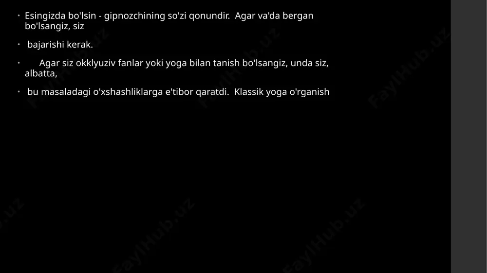 ng ostiga kirishning eng muhim momentidir. kuzatish kerak sherik uchun ehtiyotkorlik bilan va mustahkamlash. his-tuyg'ularini kuchaytirish so'zlar. barcha kuch so'zlarni harakat bilan qo'llab-quvvatlashda! misol: uning ko'z yoshi borligini payqadingiz. darhol munosabat bildiring. ayting: "endi sizda ko'z yosh bo'ladi" va hokazo. bu shunday imon ongsiz darajada (ongsizda) mustahkamlanadi. so'zlar harakat bilan mustahkamlanganligi sababli, taklif qilish chegarasi kamayadi. siz taqdim etgan ma'lumotlar haqiqat va bo'lishi kerak mustahkamlash. tavsiya etilgan shaxsning irodasi rol o'ynamaydi. uchinchi boshqach aytish kerak (ya'ni o'rnatishni bering): "endi men uchtagacha sanayman, siz esa sekin orqaga torting." qo'llaringizni boshingiz bo'ylab harakatlantirib, kaftlaringiz bilan boshingizni o'zingizga torting (yo'q qo'llar bilan boshga teginish). orqaga turing. qoidaga ko'ra, odam darhol muvozanatni yo'qotib, orqaga yiqila boshlaydi. shu bilan birga ayting: "bir, ikki, uch! seni orqaga tortib! yiqilish! yiqilish! yiqilish! yiqilish! yiqilish!" siz yiqilayapsiz!" siz diqqat bilan va to'xtamasdan gapirishingiz kerak, har birida sabr-toqatni oshiring bir so'z bilan aytganda, ongni yoqish uchun emas. keyin aytishingiz …