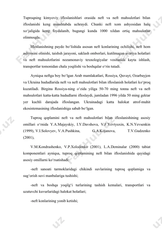 ari neft va neft mahsulotlaridan notо‘g‘ri foydalanish mobaynida va ifloslangan hududlarda rekultivatsiya ishlarini yetarli darajada yо‘lga qо‘yilmasligi okibatida ham bir qator muammolar kelib chiqadi. har bir neftning о‘ziga xos kimyoviy tarkibi bо‘lib, ifloslanish harakteri ham shunga monand holda turlicha bо‘ladi. neft asosan och kulrangdan tо‘q qо‘ng‘ir rang oralig‘ida ba’zan yashil rangda ham uchraydi. о‘rtacha molekulyar massasi 220-230 g/mol (ba’zan 450-470g/mol), zichligi 0,65-1,05 (odatda 0,82-0,95 g/sm), qaynash harorati 28-100°s oralig‘ida (parafinlar miqdoriga bog‘liq holda), yopishqokligi 1,98-265,90 mm2/s (og‘ir fraksiyali tarkib kо‘p bо‘lsa yopishqoklik yuqori bо‘ladi). uglevodorodlar tarkibi ham turlicha bо‘lib, parafinlar 30-35%, naftenli uglevodorodlar 25-75%, aromatik tarkibli-10-20 % oralig‘ida uglevodorodlar uchraydi, element tarkibi esa (%): s-82-87, n-11-14, 8-0,01-6, n-0,001-1,8, 0-0,005-0,35, bundan tashqari 50 ga yaqin element uchraydi. neft yoki neft mahsulotlari tarkibida n1, r kabi og‘ir metallarni bо‘lishi tuproq qoplami uchun yana bir zaharli havf hisoblanadi. har bir hudud, xattoki bir mintaqadagi ikkita neft konidan chiqayotgan neft kimyoviy tarkibi jihatidan farq …
