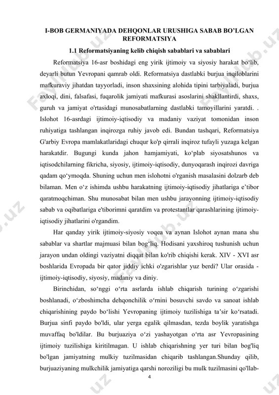 chidan, soʻnggi oʻrta asrlarda ishlab chiqarish turining oʻzgarishi boshlanadi, oʻzboshimcha dehqonchilik oʻrnini bosuvchi savdo va sanoat ishlab chiqarishining paydo boʻlishi yevropaning ijtimoiy tuzilishiga taʼsir koʻrsatadi. burjua sinfi paydo bo'ldi, ular yerga egalik qilmasdan, tezda boylik yaratishga muvaffaq bo'ldilar. bu burjuaziya oʻzi yashayotgan oʻrta asr yevropasining ijtimoiy tuzilishiga kiritilmagan. u ishlab chiqarishning yer turi bilan bog'liq bo'lgan jamiyatning mulkiy tuzilmasidan chiqarib tashlangan.shunday qilib, burjuaziyaning mulkchilik jamiyatiga qarshi noroziligi bu mulk tuzilmasini qo'llab-quvvatlagan cherkovga ham qarshi chiqdi. bu norozilik burjuaziya nuqtai nazaridan jamiyatning ierarxik tuzilishining takrorlanishi bo'lgan cherkovning ierarxik tuzilishiga qarshi bildirildi. reformatsiyani pul va qurollar bilan qo‘llab-quvvatlagan burjuaziya edi. bezold f. germaniyadagi reformatsiyalar tarixi. - m., 1987 yil. ikkinchidan, cherkov soliqlari ba'zan aholi uchun katta yuk bo'lgan, bu ko'pincha millatlararo qarama-qarshiliklarga yuklangan: masalan, nemislar italiyaliklar ularni shunchaki papalar timsolida talon-taroj qilishgan deb ishonishgan. solovyov e.yu. martin lyuterning davri va ishi. - m., 1991 bundan tashqari, cherkov marosimlarini bajarish uchun yuqori narxlar …