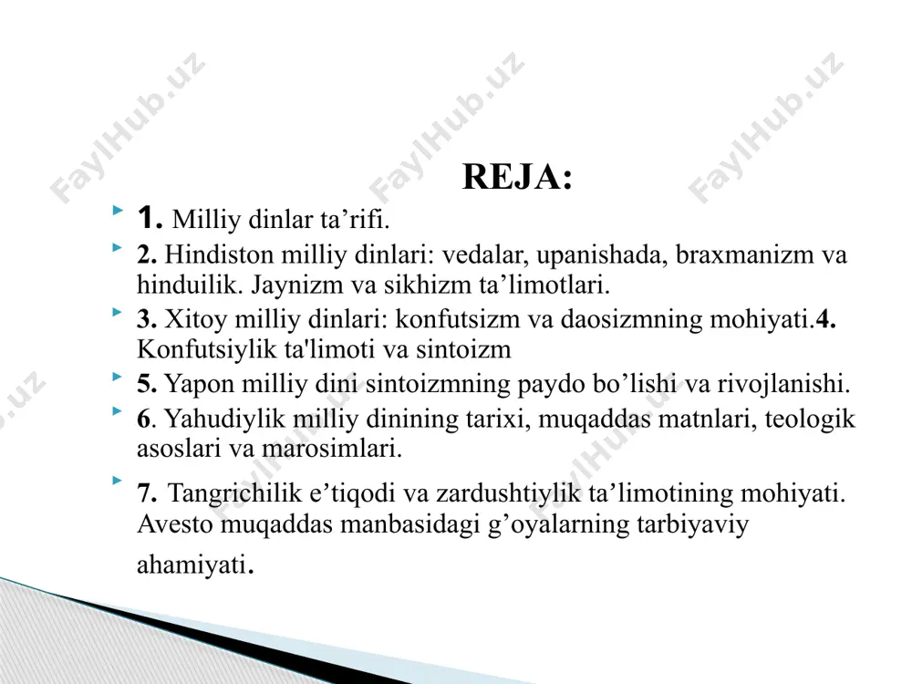 , hind-evropa tillaridan kelib chiqqan tilda gaplashar edilar. harbiy jihatdan katta mahoratga ega bo`lishlari bilan birga she`riyatga ham usta edilar. shu yo`l bilan ular bu mintaqada mavjud dunyo qarashni o`zlari xohlagan tarafga o`zgartira olardilar. ular o`zlari bilan muqaddas yozuvlari – vedalar (sanskr. – muqaddas bilim)ni ham olib kelgan edilar. mil. av. ikkinchi ming yillik o’rtalarida hindistonning shimoli-g’arbiy qismiga, hozirgi panjob hududiga g’arbdan hindikush dovoni orqali o’zlarini oriylar deb atalgan jangari xalqlar bostirib kela boshladilar. bu xalqlar eronga ko’chib kelgan qo’shni qabila tillariga juda yaqin bo’lgan, hind- yevropa tillaridan kelib chiqqan tilda gaplashar edilar. harbiy jihatdan katta mahoratga ega bo’lishlari bilan birga she’riyatga ham usta edilar. shu yo’l bilan ular bu mintaqada mavjud dunyoqarashni o’zlari xohlagan tarafga o’zgartira oldilar. ular o’zlari bilan muqaddas yozuvlari – vedalar (sanskr. – muqaddas bilim)ni ham olib kelgan edilar. vedalar tarkibiga turli davrlarda yozilgan bir necha kitoblar kirgan bo’lib, ular o’z ichiga ibodat, marosimlar, falsafiy ta’limotlar, …