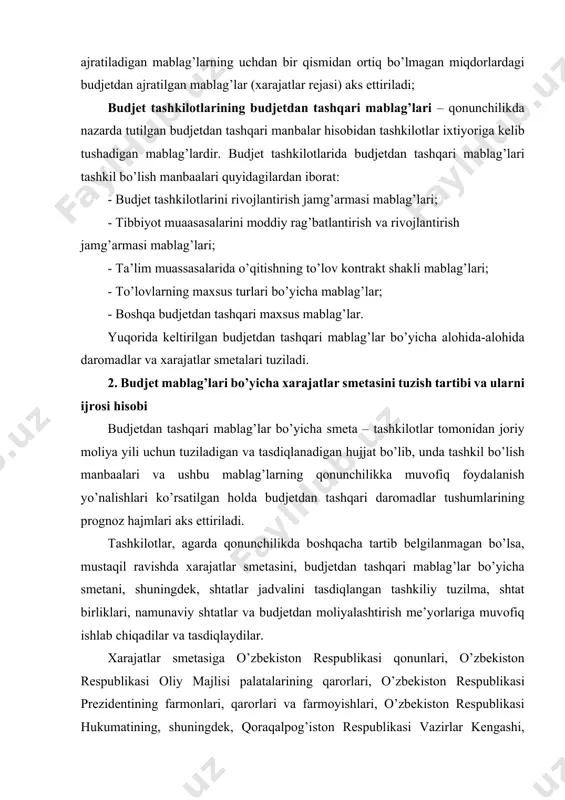 sini, budjetdan tashqari mablag’lar bo’yicha smetani, shuningdek, shtatlar jadvalini tasdiqlangan tashkiliy tuzilma, shtat birliklari, namunaviy shtatlar va budjetdan moliyalashtirish me’yorlariga muvofiq ishlab chiqadilar va tasdiqlaydilar. xarajatlar smetasiga o’zbekiston respublikasi qonunlari, o’zbekiston respublikasi oliy majlisi palatalarining qarorlari, o’zbekiston respublikasi prezidentining farmonlari, qarorlari va farmoyishlari, o’zbekiston respublikasi hukumatining, shuningdek, qoraqalpog’iston respublikasi vazirlar kengashi, tegishli hokimiyatlar ularga berilgan tegishli huquq va vakolatlar doirasidagi qarorlari va farmoyishlarida ko’zda tutilgan xarajatlar kiritiladi. xarajatlar smetasi va budjetdan tashqari mablag’lar bo’yicha smeta bir yillik muddatga – 1 yanvardan 31 dekabrni ham qo’shgan holda, mavsumiy yoki joriy yilda ishga tushiriladigan tashkilotlar bo’yicha esa, ularning mazkur moliya yilidagi faoliyat ko’rsatish muddatiga tuziladi va amal qiladi. xarajatlar smetasi o’zbekiston respublikasi davlat budjeti xarajatlarining iqtisodiy tasnifiga muvofiq xarajatlar guruhlari bo’yicha, 4 guruh xarajatlarining to’liq yoyilmasini va hisob-kitoblarni o’z ichiga olgan holdagi ilova bilan birgalikda tuziladi. ilova xarajatlar smetasining ajralmas qismi bo’lib, smetasining prognoz hisob - kitoblarini asoslaydi va hisobot tuzish maqsadida …