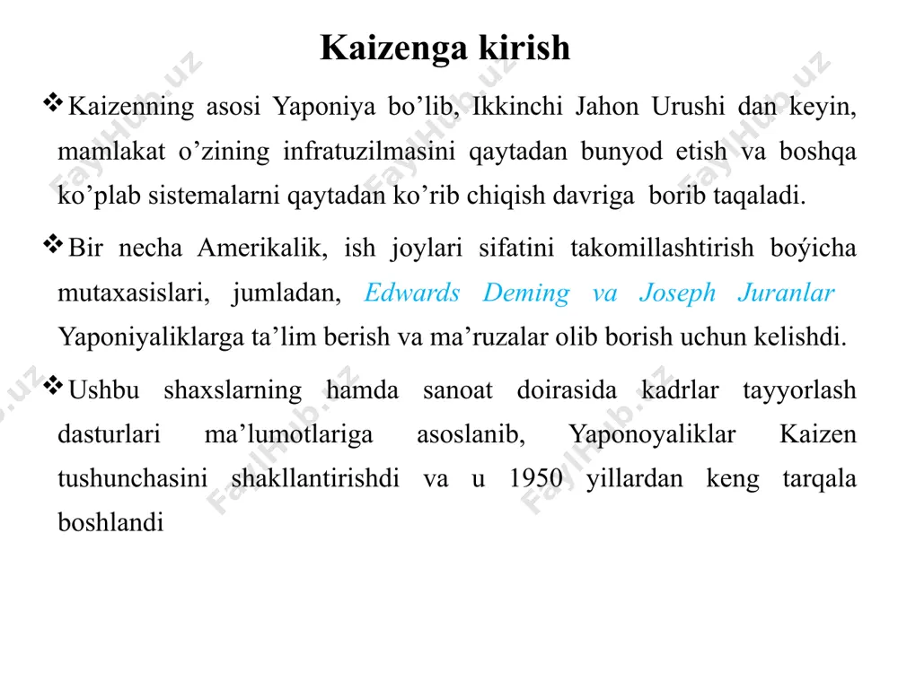 tdan foydalanuvchilar - mahsulot va xizmatlatni xarid qilib oluvchilar - mahsulot va xizmatlatni sotish jarayonida qatnashuvchilar kaizenning asosiy sistemalari kaizen sistemalari umumiy sifat menejmenti (tqm) o’z vaqtida (jit) umimiy samarali texnik xizmat (tpm) takliflar tizimi umumiy sifat menejmenti umumiy: barchaning ishtiroki va hissasi sifat: mijozlar ehtiyojlari va talablariga har doim to’laligicha javob berish. menejment: qanday ishlash, harakatlanish, boshqarish va nazorat qilishni tashkil etish umimiy sifat menejmenti bu mijozlarning ehtiyojlari va tashkilot oldiga qo’yilgan maqsadlarni amalga oshirish uchun marketing, moliya, muhandislik, mijozlarga xizmat ko'rsatish va boshqa tashkilotda mavjud bo’lgan barcha funksiyalarni birlashtirishga intiladigan boshqaruv falsafasi sifatida ta'riflanishi mumkin o’z vaqtida jit: nima kerak qachon kerak qancha miqdorda kerak jit heijunka ga asoslanadi 1. takt time 2. uzluksiz harakat 3. tortish tizimi doimiy e’tibor mijozda yuqori sifat maqbul narx qisqa yetkazib berish vaqti umimiy samarali texnik xizmat umimiy samarali texnik xizmat bu xodimlarni jalb qilish orqali uskunalarning maksimal samaradorligiga erishish usulidir. maqsad …