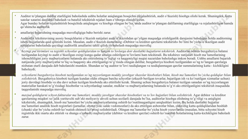 b muomalalari hisobga olinadigan schyotlarni tahlil qilishda quyidagilar aniqlanishi mumkin: mol etkazib beruvchilar schyotlari bo’yicha debet qoldiqlar; mansabdor shaxslar, direktorlar, raislar, sho’’ba va tobe korxonalarga va boshqa o’zaro bog’liq tomonlardan qarzlar summalari; mol etkazib beruvchilar bilan hisob-kitoblarga doir haddan tashqari katta tuzatishlar; da’vo muddati o’tib ketgan yoki o’tayotgan to’lanmay qolgan schyot-fakturalar. barcha belgi qo’yilgan summalar yakuniy ishchi hujjatlarini tayyorlashda tahlil qilinishi va hisobga olinishi lozim. ushbu ishlarning natijalarini boshqa olingan dalillar bilan taqqoslash maqsadga muvofiq. masalan, da’vo muddati o’tib ketayotgan to’lanmay qolgan schyotlar va mol etkazib beruvchilar bilan hisob-kitoblar bo’yicha debet qoldiqlarning aniqlangan summalariga ma’lumotlar muvofiqligi to’g’risida tasdiq olinishi mumkin. bu holda auditor analitik hisob ma’lumotlarining ishonchliligi haqida etarli dalillarga ega bo’ladi. agarda olingan tasdiqlar natijalariga ko’ra kontragentda bunday qarzdorlikning yo’qligi aniqlansa, u holda auditor analitik hisob ma’lumotlarini ishonchsiz deb baholashi mumkin. analitik hisob registrlari ma’lumotlarini bosh daftar bilan taqqoslash mijoz tomonidan vaqti-vaqti bilan o’tkaziladigan nazorat tadbiri bo’lib hisoblanadi. qoidaga …