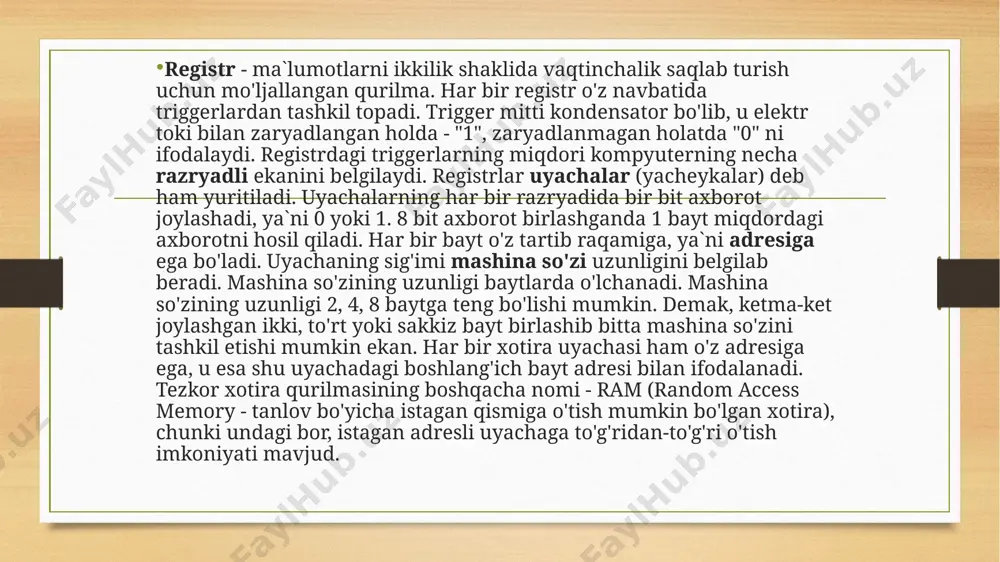 - compakt - disk - read only memory). egiluvchan disk va qattiq disklarga axborotlar sektorlarga bo'lingan halqasimon yo'lchalar bo'ylab yoziladi. disklar temir moddasini saqlovchi qotishmadan tayyorlanib ularning magnitlangan qismi birlarni, qolgan qismlari esa nollarni ifodalaydi. sektor va yo'lchalar o'z tartib raqamlariga ega bo'lib, har bir sektorning sig'imi 0.5 kbayt ni tashkil etadi. vinchesterlar kompyuterning ichida joylashgan bo'lib, uning hajmi bir necha gbaytgacha boradi. vinchester deganda silindrsimon shaklidagi maxsus germetik idishga joylashtirilgan bir o'qqa mustahkamlangan ustma-ust joylashgan disklarning majmuini tushuniladi. kompyuter ichida birdaniga bir necha vinchesterlar joylashishi ham mumkin. printer - ma`lumotlarni qog'ozga chiqarish qurilmasi. printerlarning uch xili mavjud: bosma (matritsa-o'yma qolip), purkovchi, lazerli. bosma printerda qog'ozdagi bosilayotgan satr bo'ylab harakatlanadigan maxsus qurilmaga o'rnatilgan metall ignachalar qog'oz va qurilma orasiga o'rnatilgan rangli tasmaga tegib qog'ozda iz qoldirib ma`lumotlarni hosil qiladi, shu nuqtalarning to'plami esa qog'ozga belgilar yoki shakllarni chiqarilishini ta`minlaydi. ko'rinib turibdiki, bosma printerdan chiqarilayotgan axborotlarning rangi o'rnatilgan tasma "sichqoncha" - …