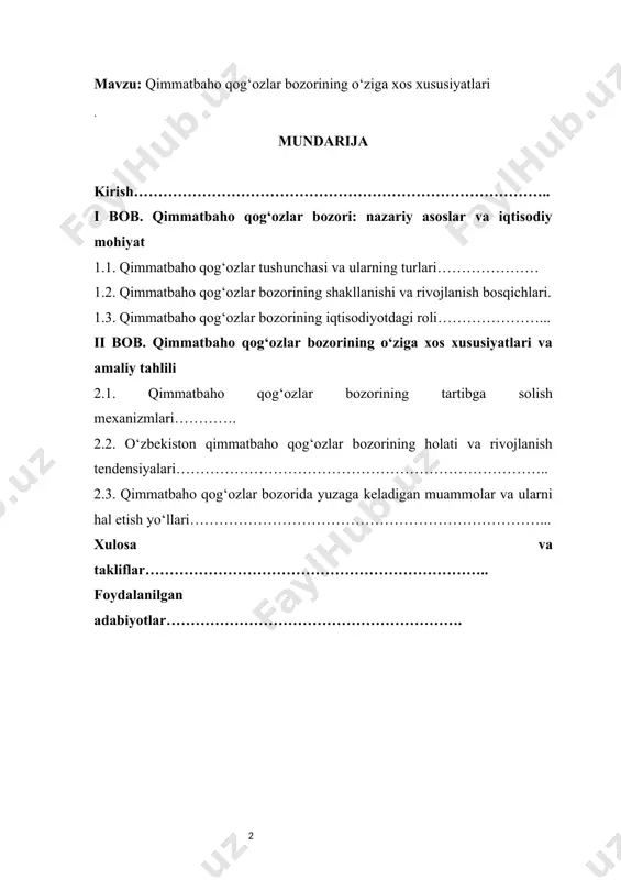 iyotda kapital aylanmasi va investitsiya jarayonlari faollashadi. qimmatbaho qog‘ozlar bozori — bu nafaqat aksiyalar va obligatsiyalar savdosi maydoni, balki davlat va xususiy sektor o‘rtasida moliyaviy ko‘prik vazifasini bajaradigan murakkab tizimdir. bugungi kunda o‘zbekistonda iqtisodiy islohotlar doirasida kapital bozorini rivojlantirishga alohida e’tibor qaratilmoqda. ayniqsa, fond bozorining institutsional va texnologik jihatdan takomillashuvi mamlakatda sarmoyaviy muhitni yaxshilashga xizmat qilmoqda. mazkur yo‘nalishda ilg‘or xalqaro tajribalarni joriy etish, investorlar huquqlarini himoya qilish va aholining moliyaviy savodxonligini oshirish davlat siyosatining muhim yo‘nalishlaridan biridir[footnoteref:0]. shu bilan birga, qimmatbaho qog‘ozlar bozorining rivojlanishi mamlakatda xususiy sektorning kengayishi, tadbirkorlik subyektlarining kapitallashuvi va umuman iqtisodiyotning barqaror o‘sishini ta’minlaydi. shu sababli, ushbu kurs ishi mavzusi nafaqat nazariy, balki amaliy jihatdan ham dolzarb hisoblanadi. [0: mirziyoyev sh.m. yangi o‘zbekiston strategiyasi // o‘zbekiston respublikasi prezidenti shavkat mirziyoyevning oliy majlisga murojaatnomasi. – toshkent: o‘zbekiston, 2023.] kurs ishi mavzusining o‘rganilganlik darajasi qimmatbaho qog‘ozlar bozori bo‘yicha ko‘plab xalqaro va mahalliy olimlar tomonidan nazariy va amaliy izlanishlar olib …