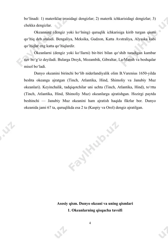 , tekisliklar, botiqlar ko‘p tarqalgan. (ularni xaritadan toping). тinch okeanda minglab kilometr masofaga cho‘zilib yotgan eng chuqur cho‘kmalar ham bor. bular mariana (11 022 m), тonga (10 882 m), kermadek (10 047 m), kuril-kamchatka (9 783 m), filiрpin, peru, chili va boshqa cho‘kmalar. dunyo okeanidagi chuqurligi 5 km dan ortiq bo‘lgan 35 ta botiqdan 25 tasi, chuqurligi 10 km dan ortiq bo‘lgan 5 ta botiqning barchasi shu okeanda joylashgan. iqlimi. тinch okean eng issiq okean bo‘lib, yuzasidagi suvning harorati ekvatordan ikkala qutb tomon kamayib boradi. ekvatorial mintaqalarda suv yuzasining harorati yil davomida 28-29 °c, bering dengizida 2-7 °c, janubiy yarimsharning o‘rta kengliklarida 12-15 °c atrofida o‘zgaradi. o‘rtacha yillik yog‘in miqdori ekvator atrofida 3 000 mm bo‘lsa, mo‘tadil kengliklarning g‘arbida 1 000 mm va sharqida 2 000-3 000 mm, subtropikning sharqida esa 100-200 mm atrofida yog‘in yog‘adi. okean suvining eng sho‘r qismi tropiklarga to‘g‘ri keladi (36 ‰). eng chekka shimoliy va …